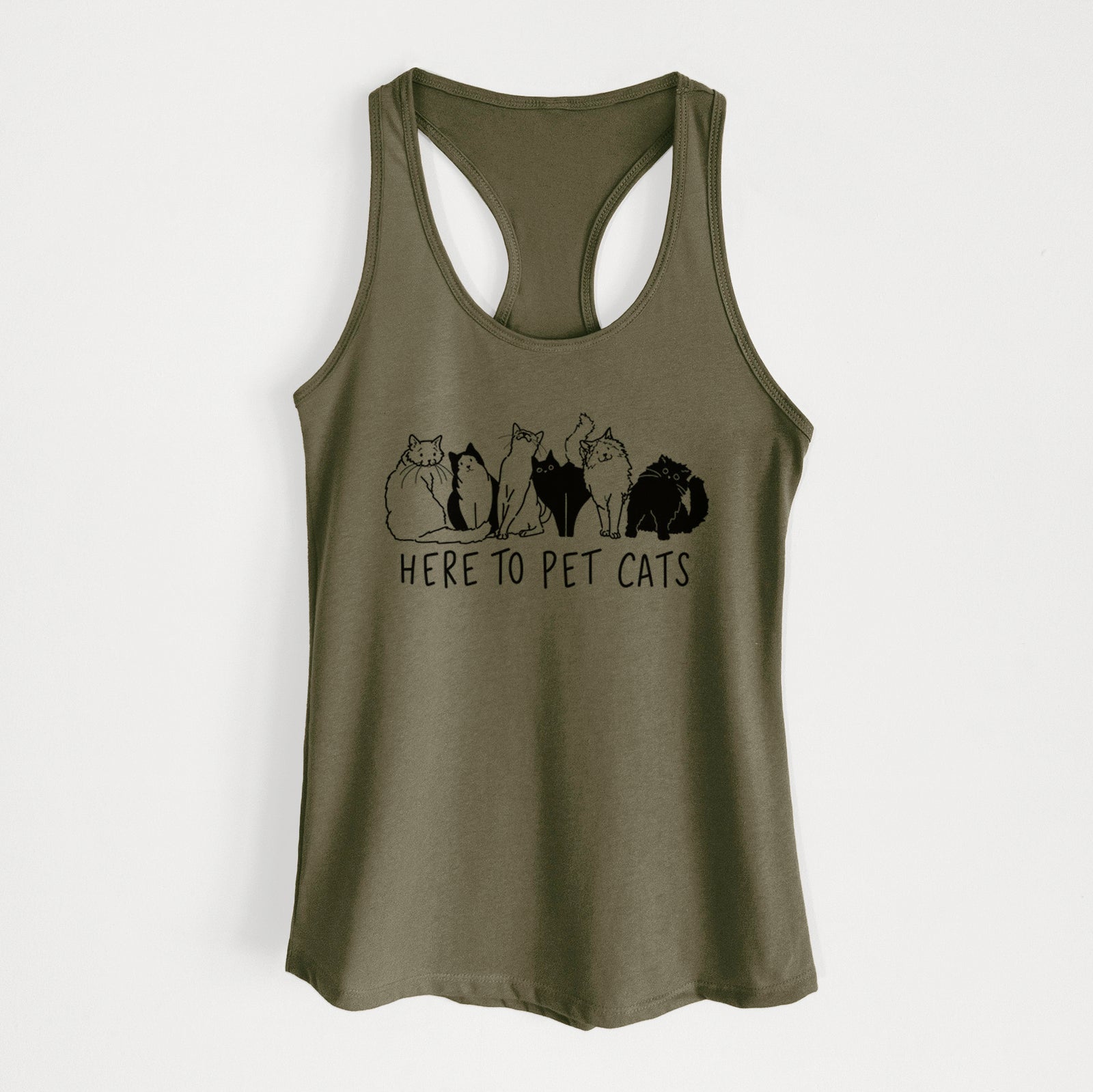 'Here to Pet Cats' design on a Military Green Women's racerback tanktop
