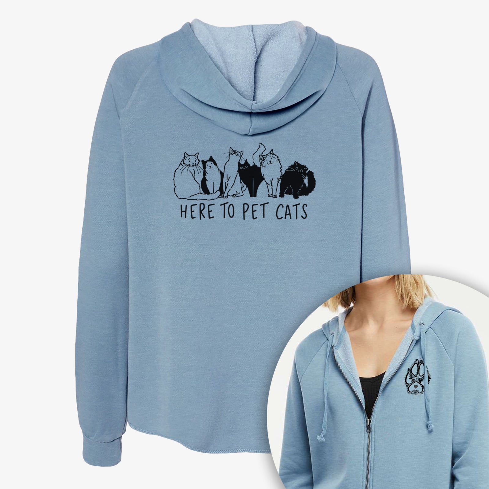 'Here to Pet Cats' design on a Women's cali wave zip-up sweatshirt, shown with icons of the other available costume styles