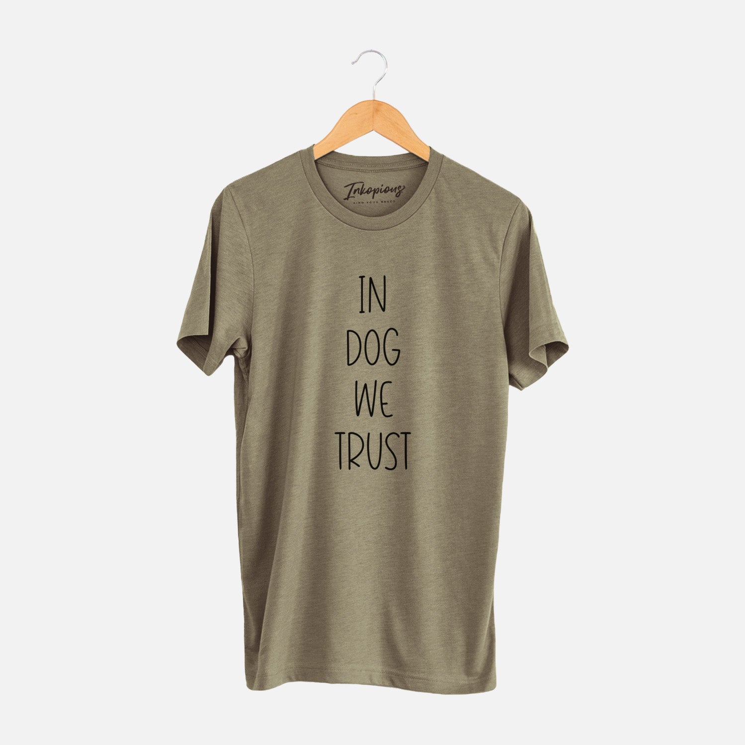 'In Dog We Trust' design on an Olive Unisex crewneck