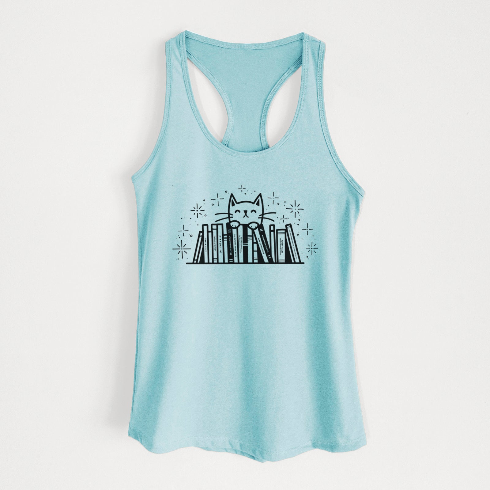 'Kitty Library - Feline Behind Books' design on a Cancun Blue Women's racerback tanktop