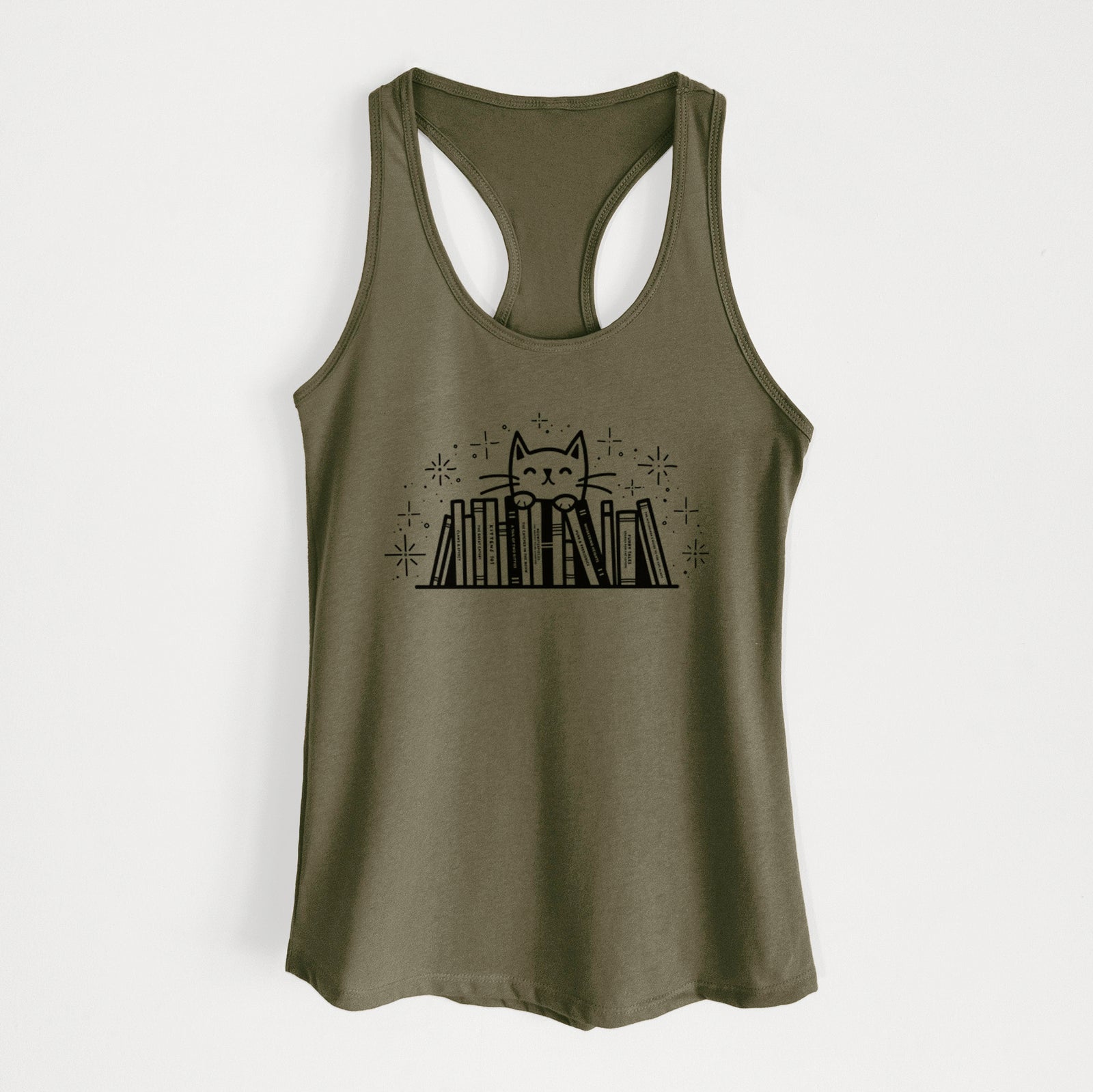 'Kitty Library - Feline Behind Books' design on a Military Green Women's racerback tanktop