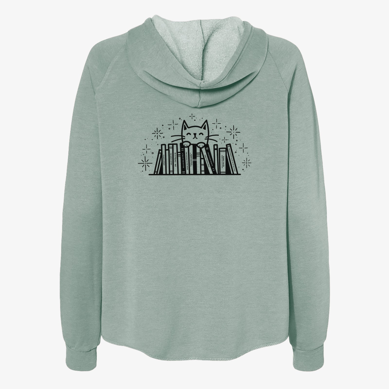 'Kitty Library - Feline Behind Books' design on a Sage Women's cali wave zip-up sweatshirt