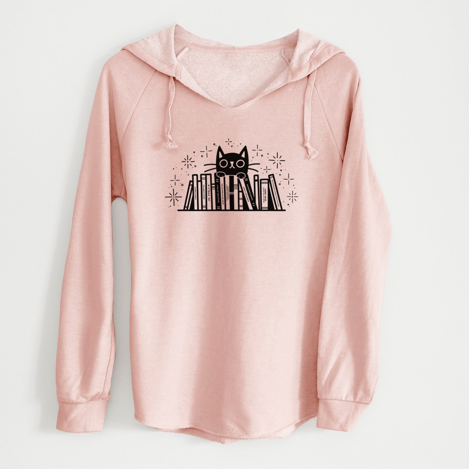 'Kitty Library - Black Cat Behind Books' design on a Blush Cali Wave Hooded Sweatshirt