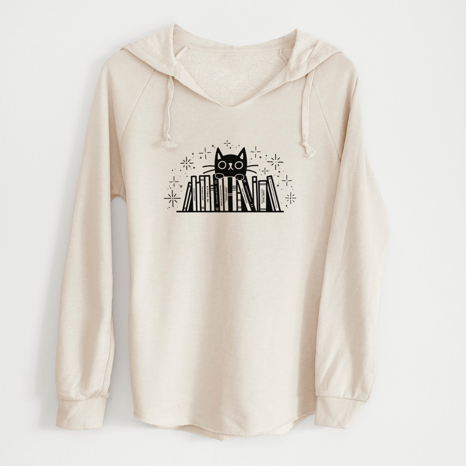 'Kitty Library - Black Cat Behind Books' design on a Bone Cali Wave Hooded Sweatshirt
