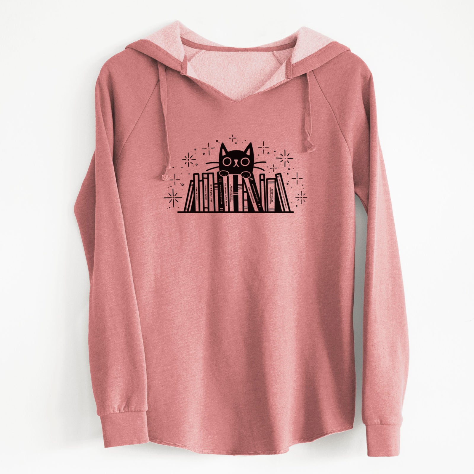 'Kitty Library - Black Cat Behind Books' design on a Dusty Rose Cali Wave Hooded Sweatshirt