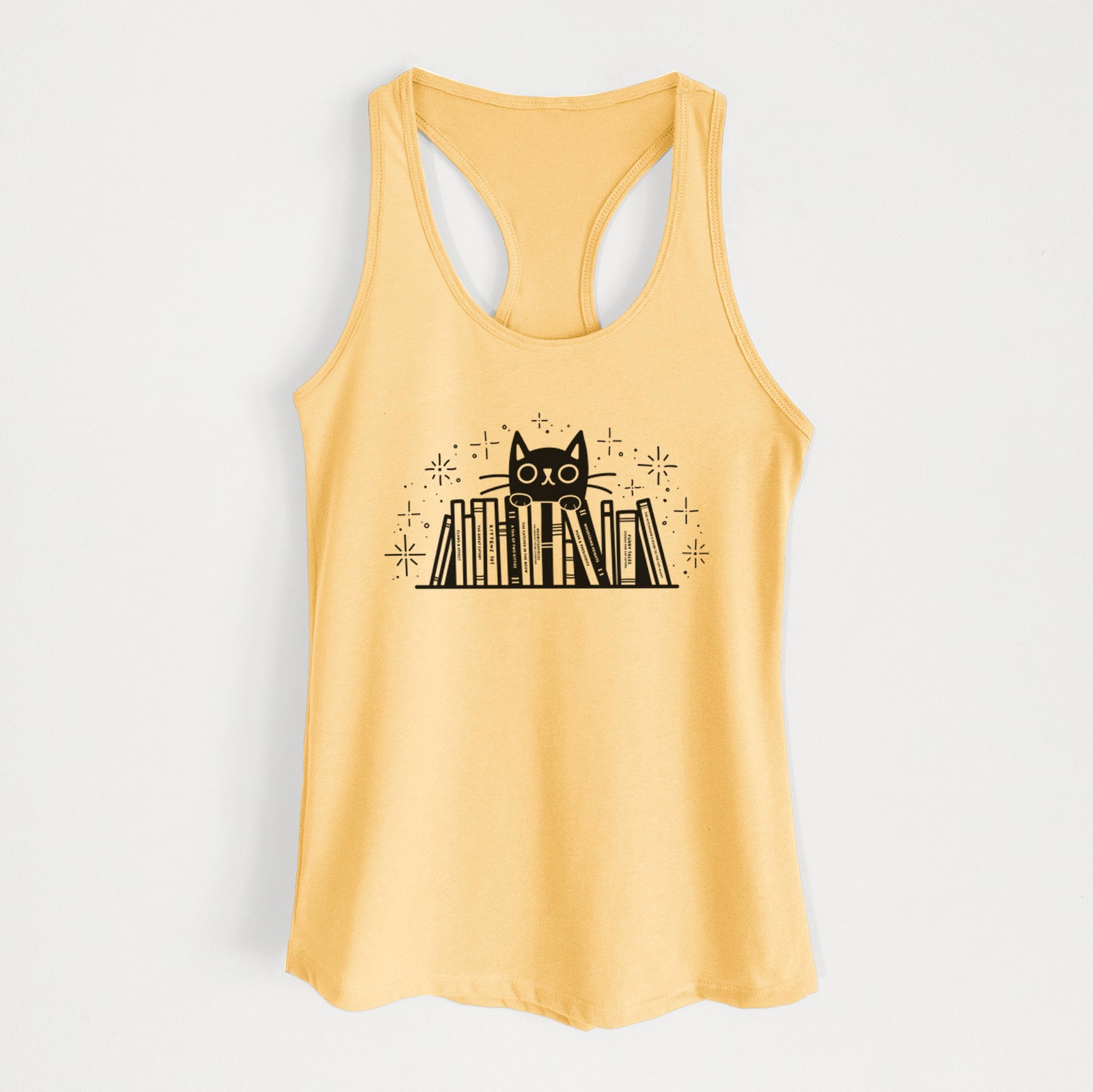 'Kitty Library - Black Cat Behind Books' design on a Banana Cream Women's racerback tanktop