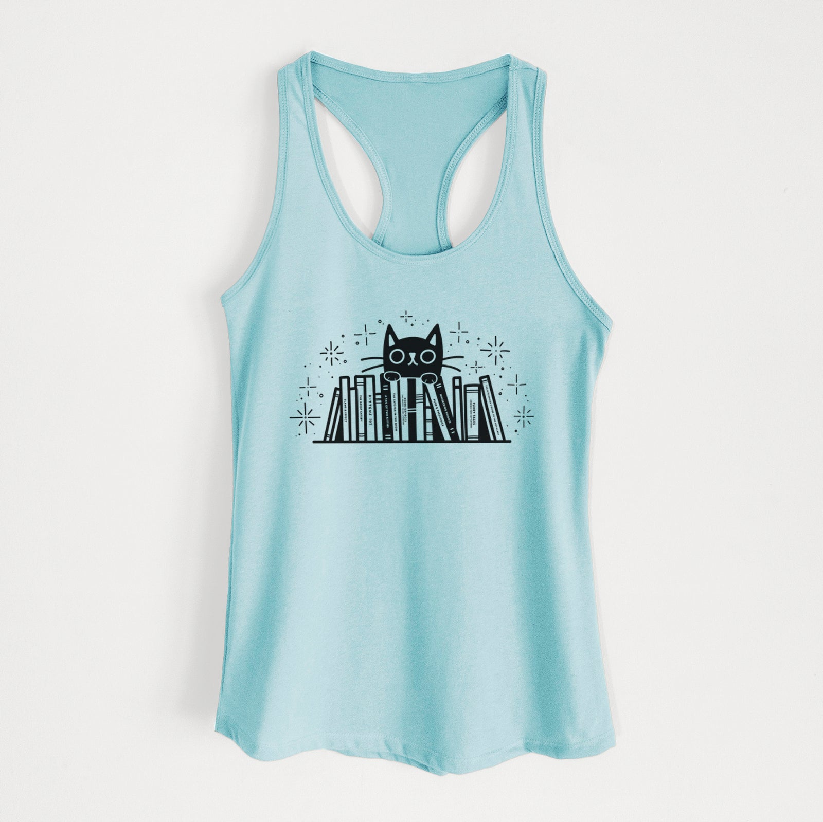 'Kitty Library - Black Cat Behind Books' design on a Cancun Blue Women's racerback tanktop