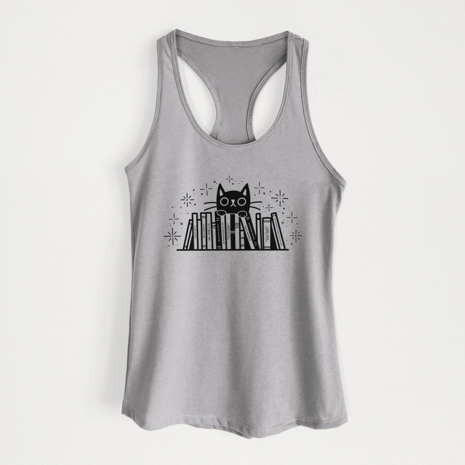 'Kitty Library - Black Cat Behind Books' design on a Heather Grey Women's racerback tanktop