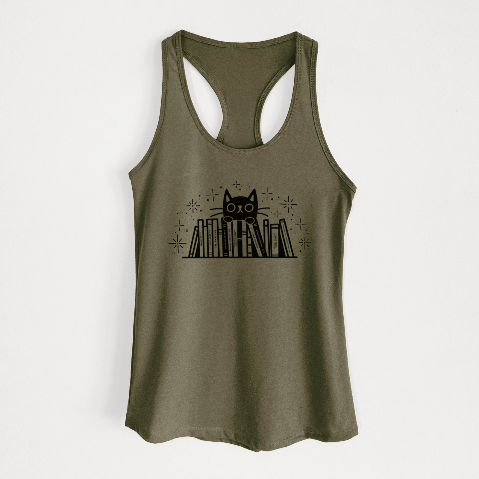 'Kitty Library - Black Cat Behind Books' design on a Military Green Women's racerback tanktop