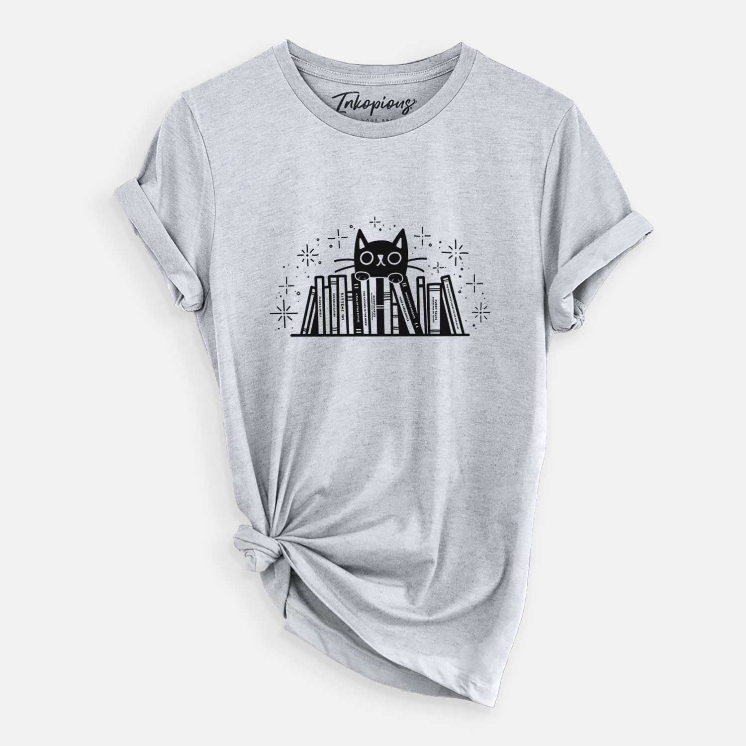 'Kitty Library - Black Cat Behind Books' design on a Grey Unisex crewneck