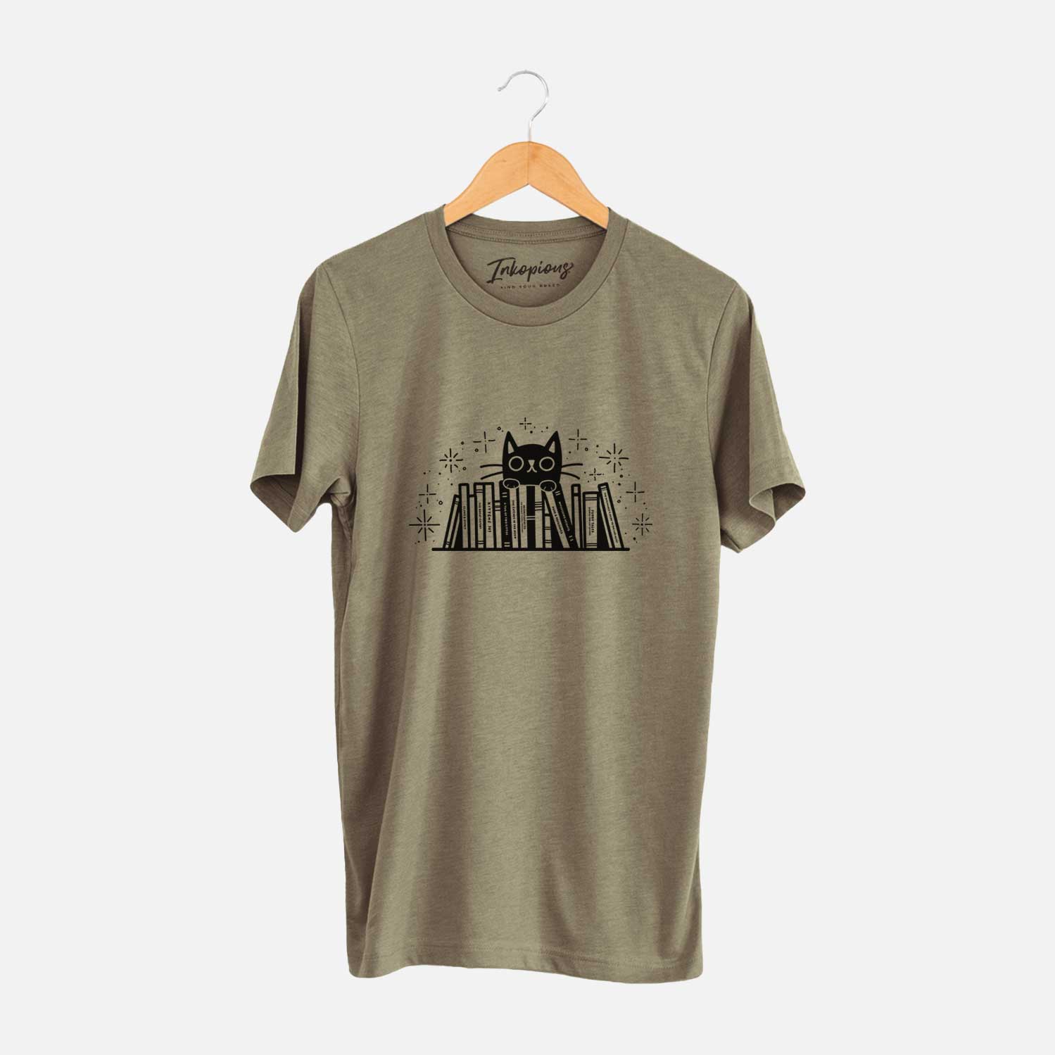 'Kitty Library - Black Cat Behind Books' design on an Olive Unisex crewneck