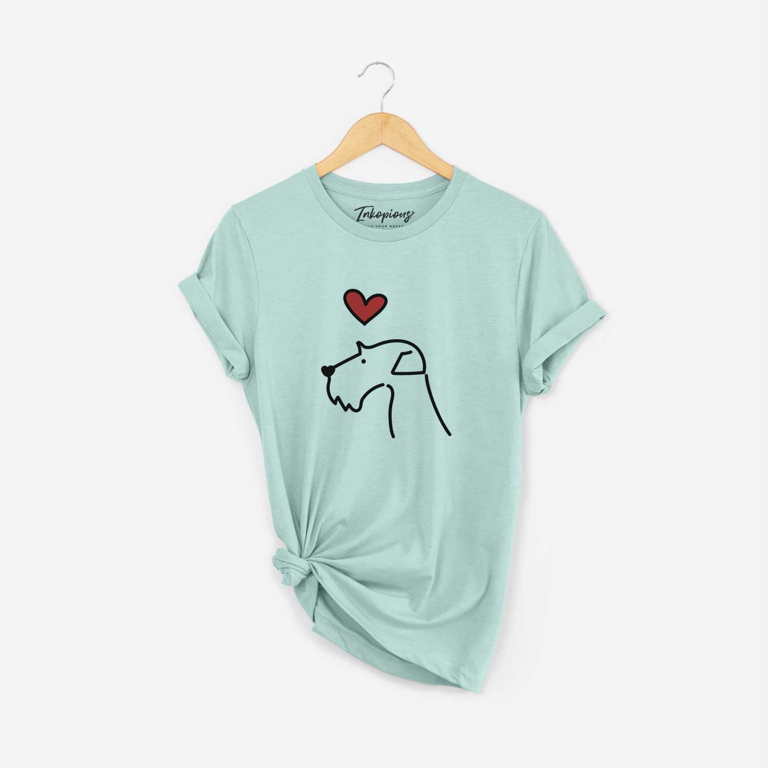 Minimalist line drawing of an Airedale Terrier with a red heart on a Heather Sage Unisex crewneck