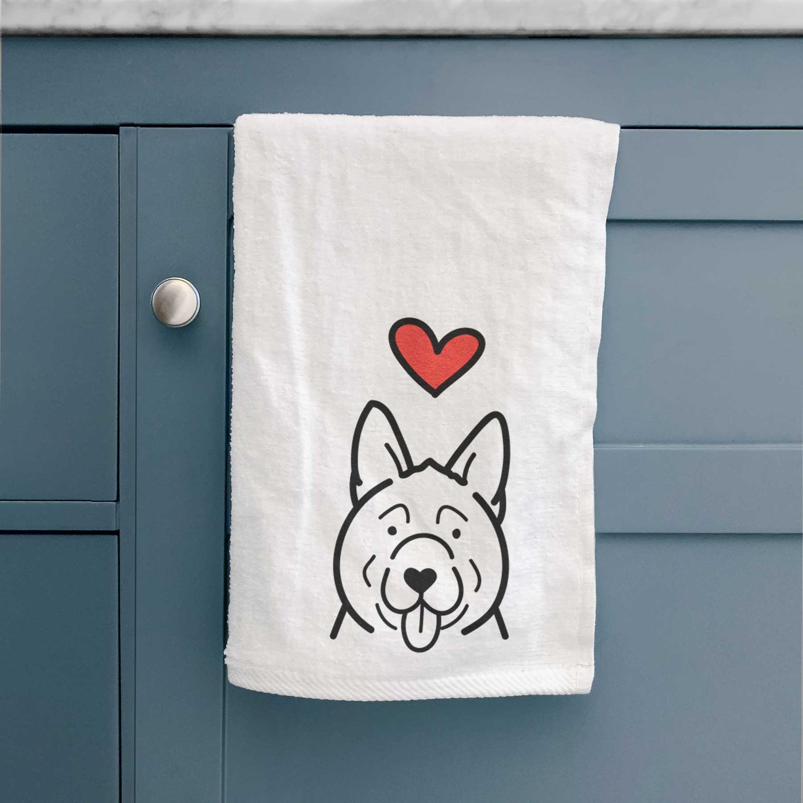 Minimalist line drawing of an Akita with a red heart on a decorative hand towel