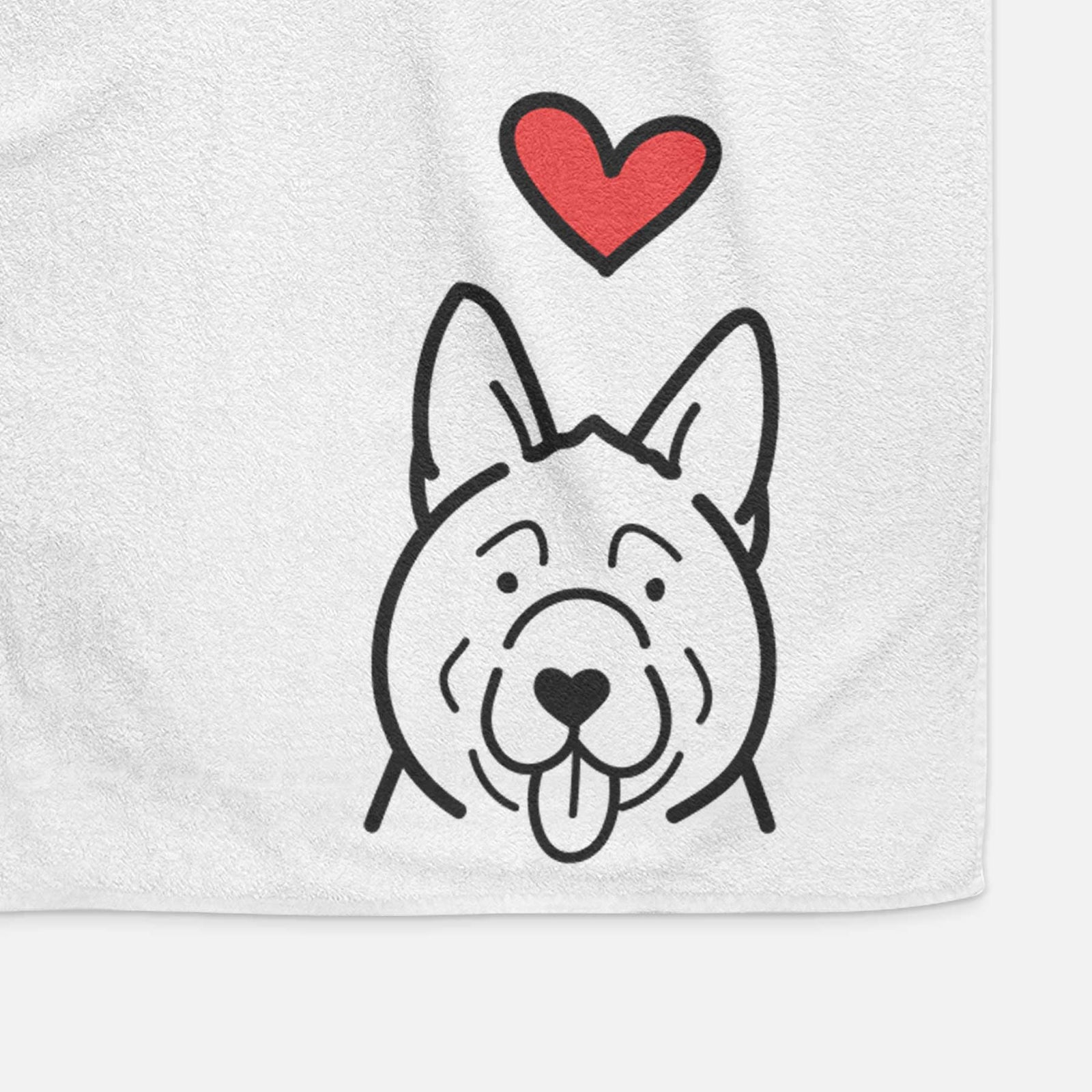 Minimalist line drawing of an Akita with a red heart on a decorative hand towel