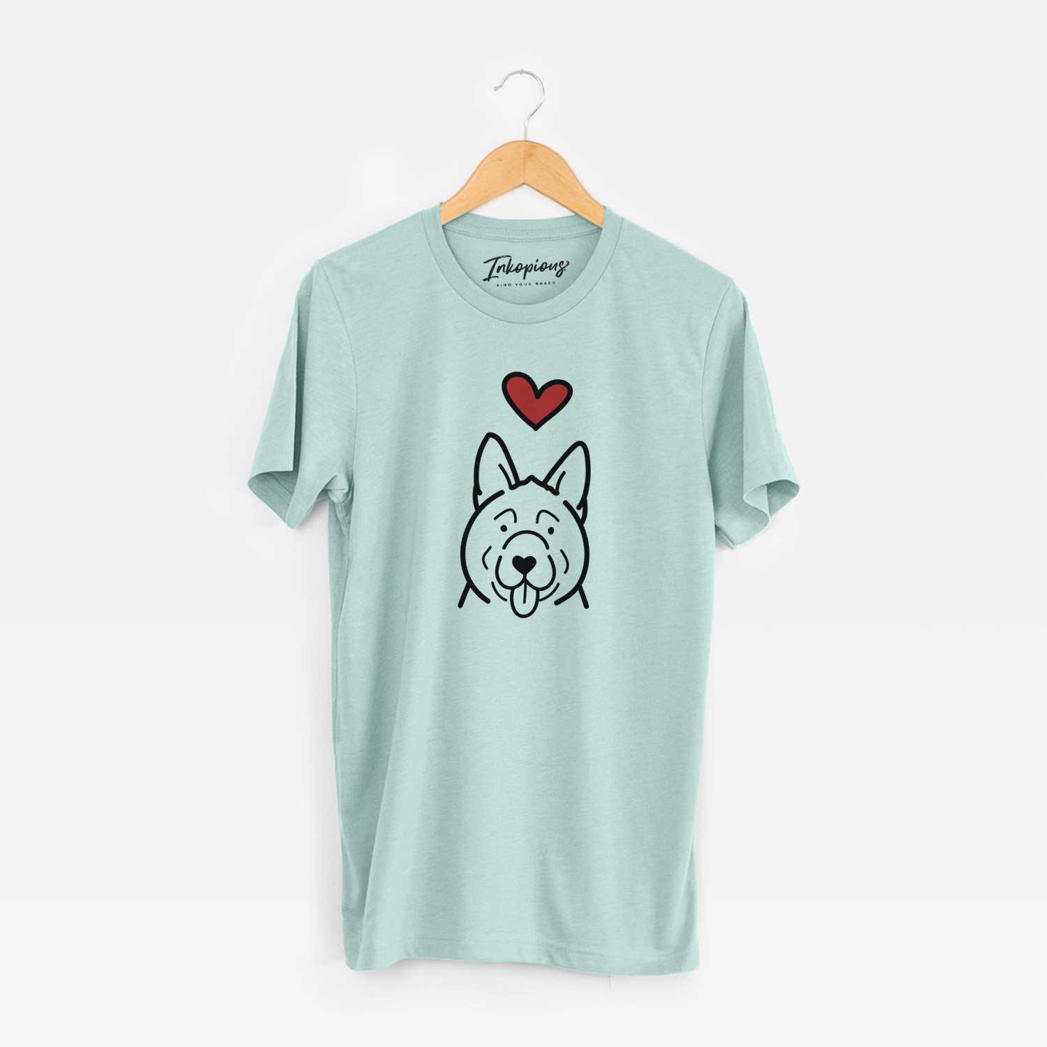 Minimalist line drawing of an Akita with a red heart on a Heather Sage Unisex crewneck