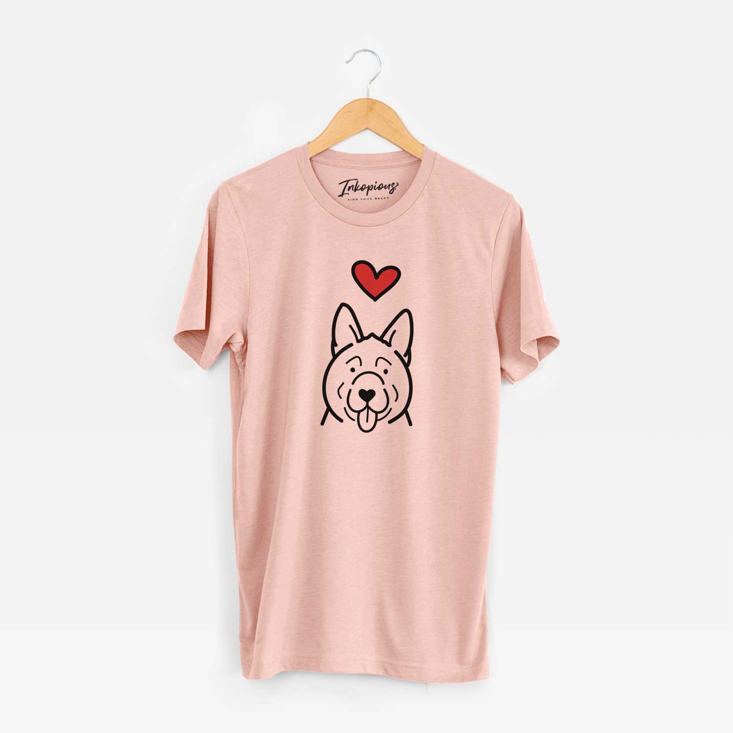 Minimalist line drawing of an Akita with a red heart on a Peach Unisex crewneck