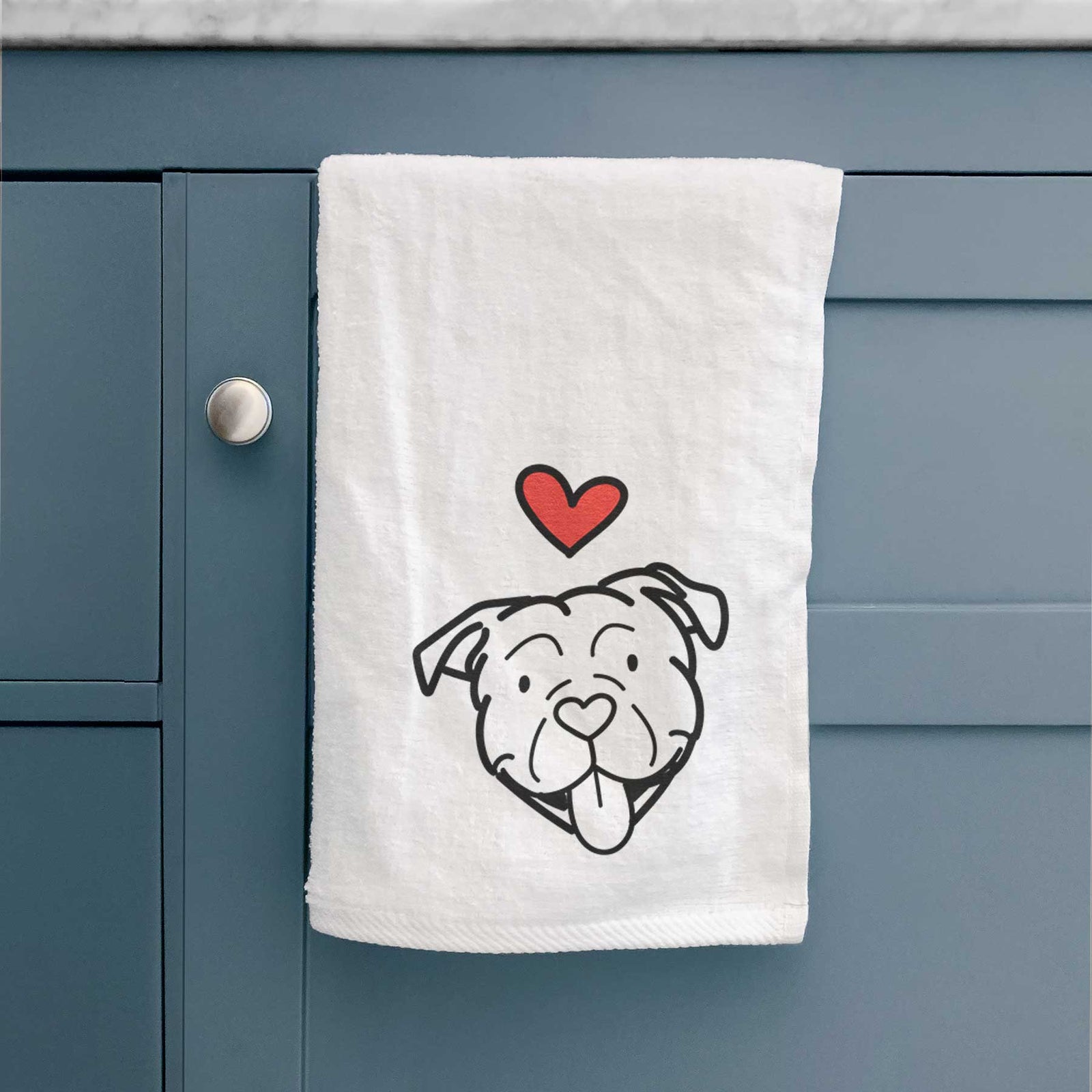 Minimalist line drawing of an American Bulldog with a red heart on a decorative hand towel
