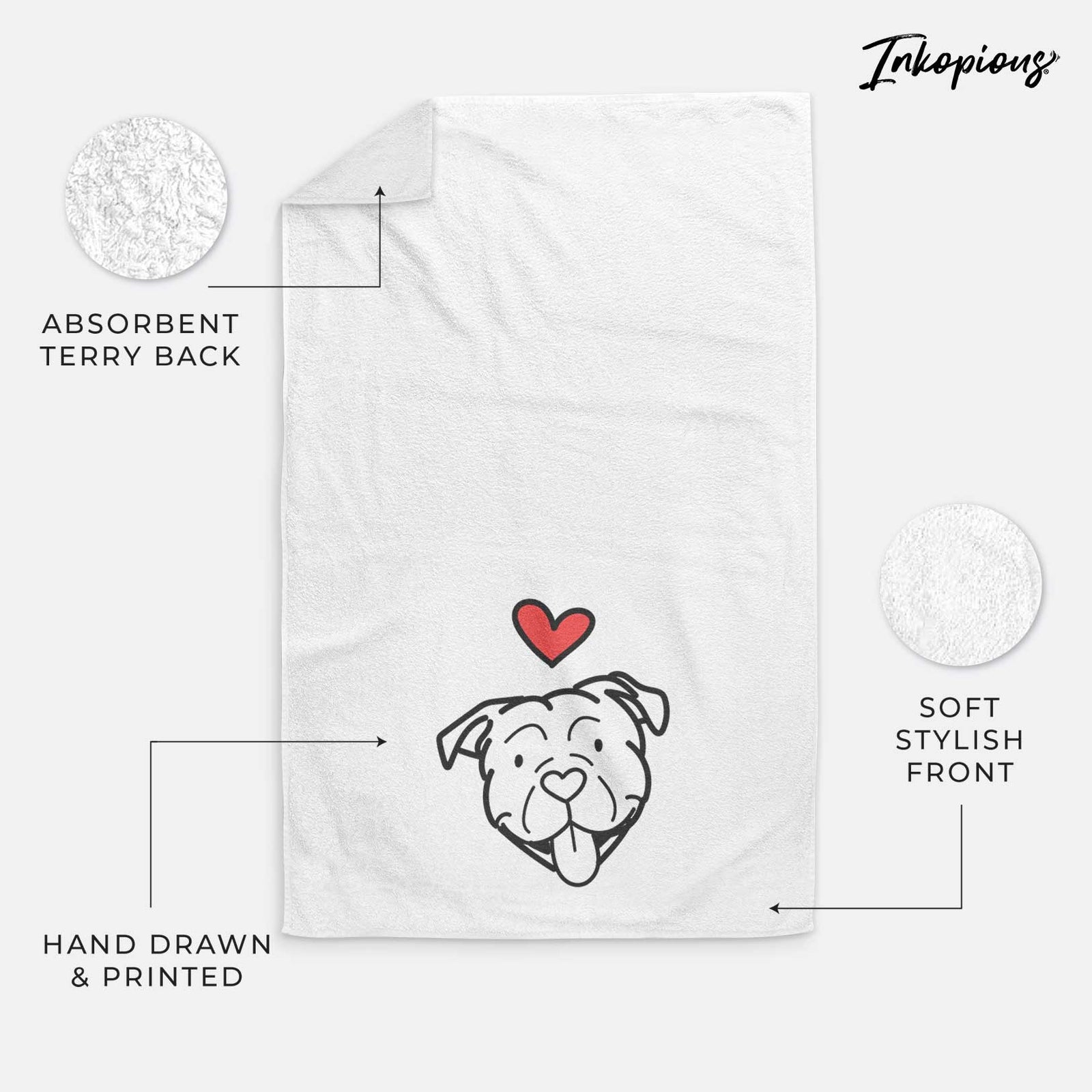 Minimalist line drawing of an American Bulldog with a red heart on a decorative hand towel