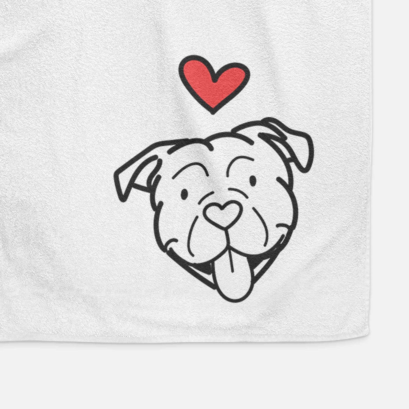 Minimalist line drawing of an American Bulldog with a red heart on a decorative hand towel