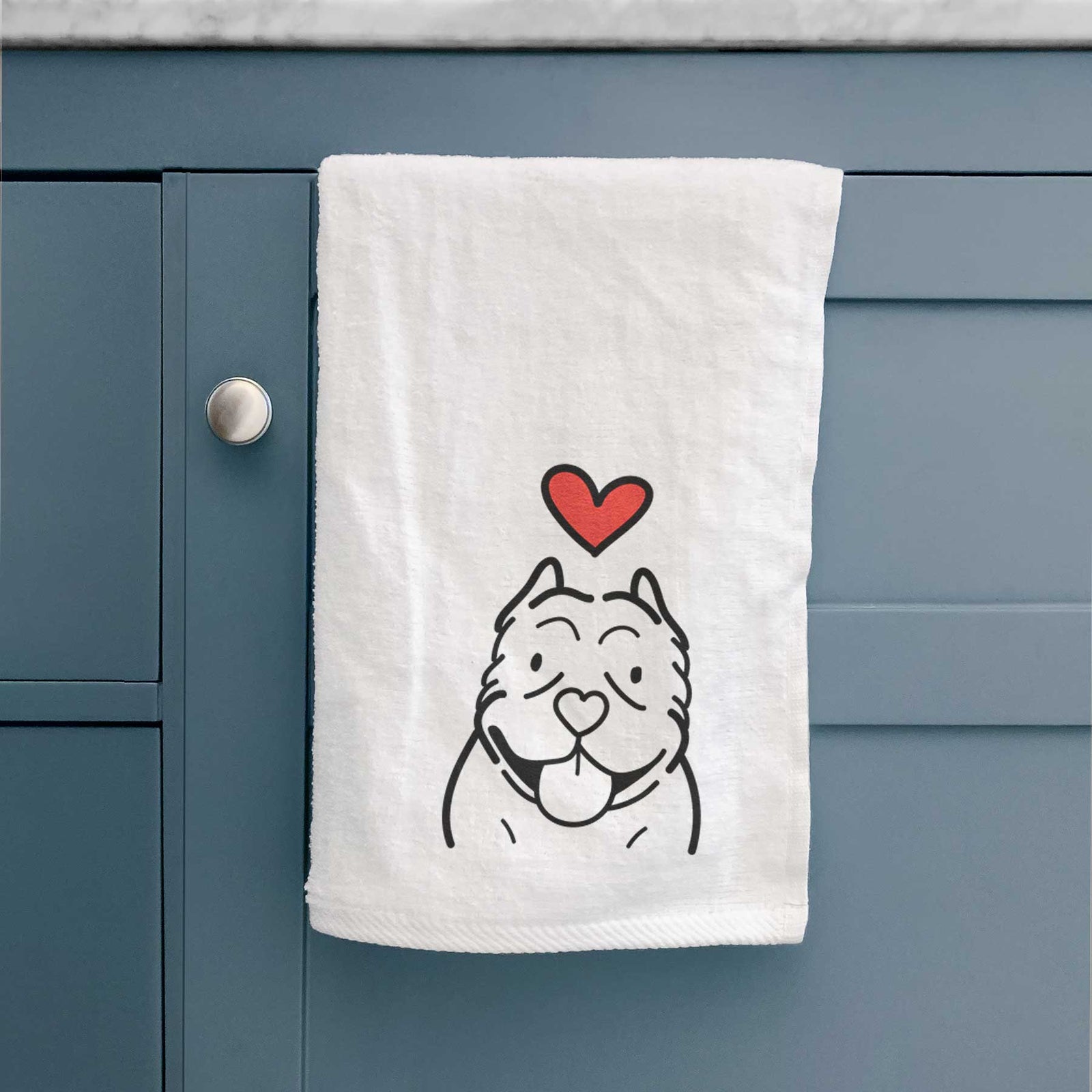 Minimalist line drawing of an American Bully with a red heart on a decorative hand towel