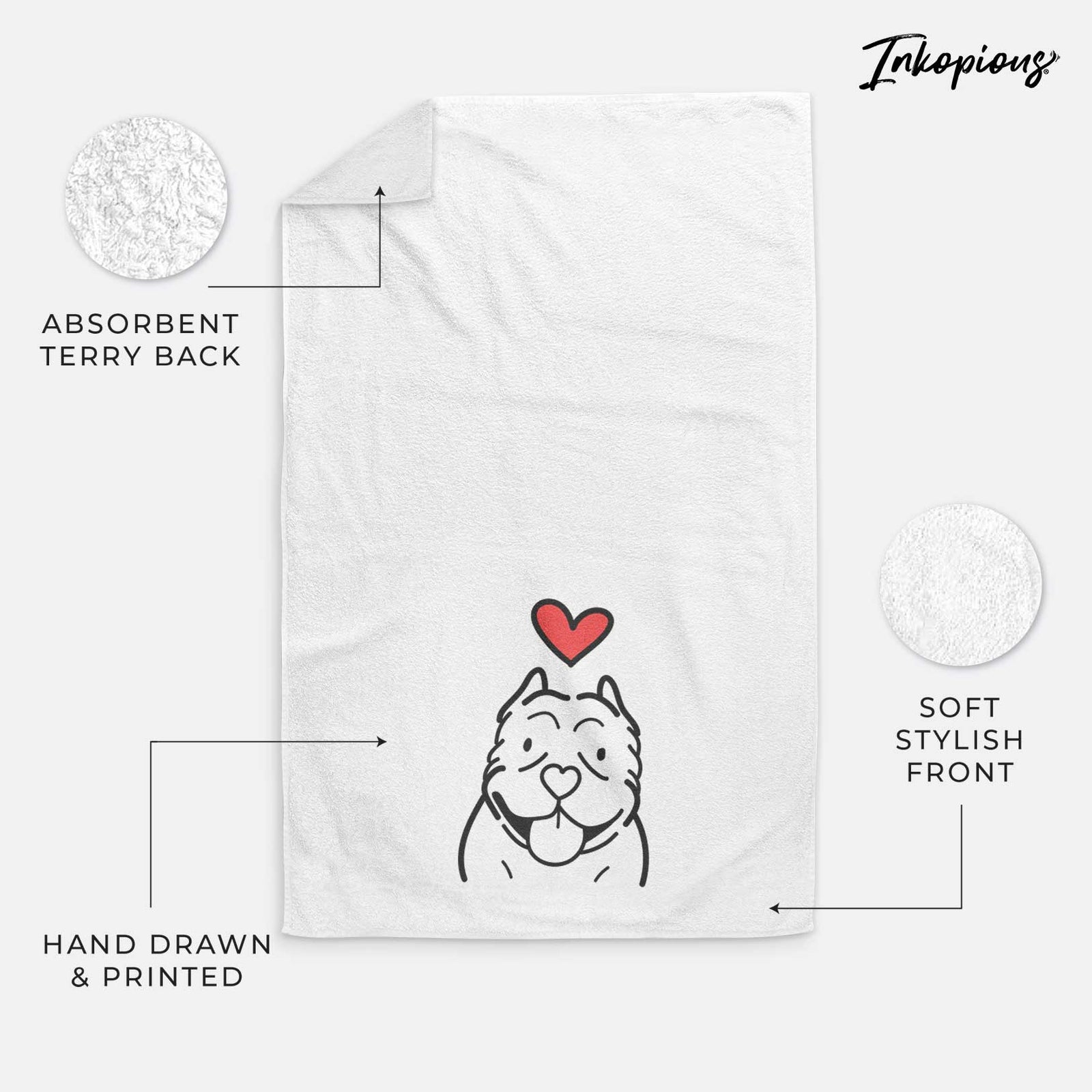 Minimalist line drawing of an American Bully with a red heart on a decorative hand towel