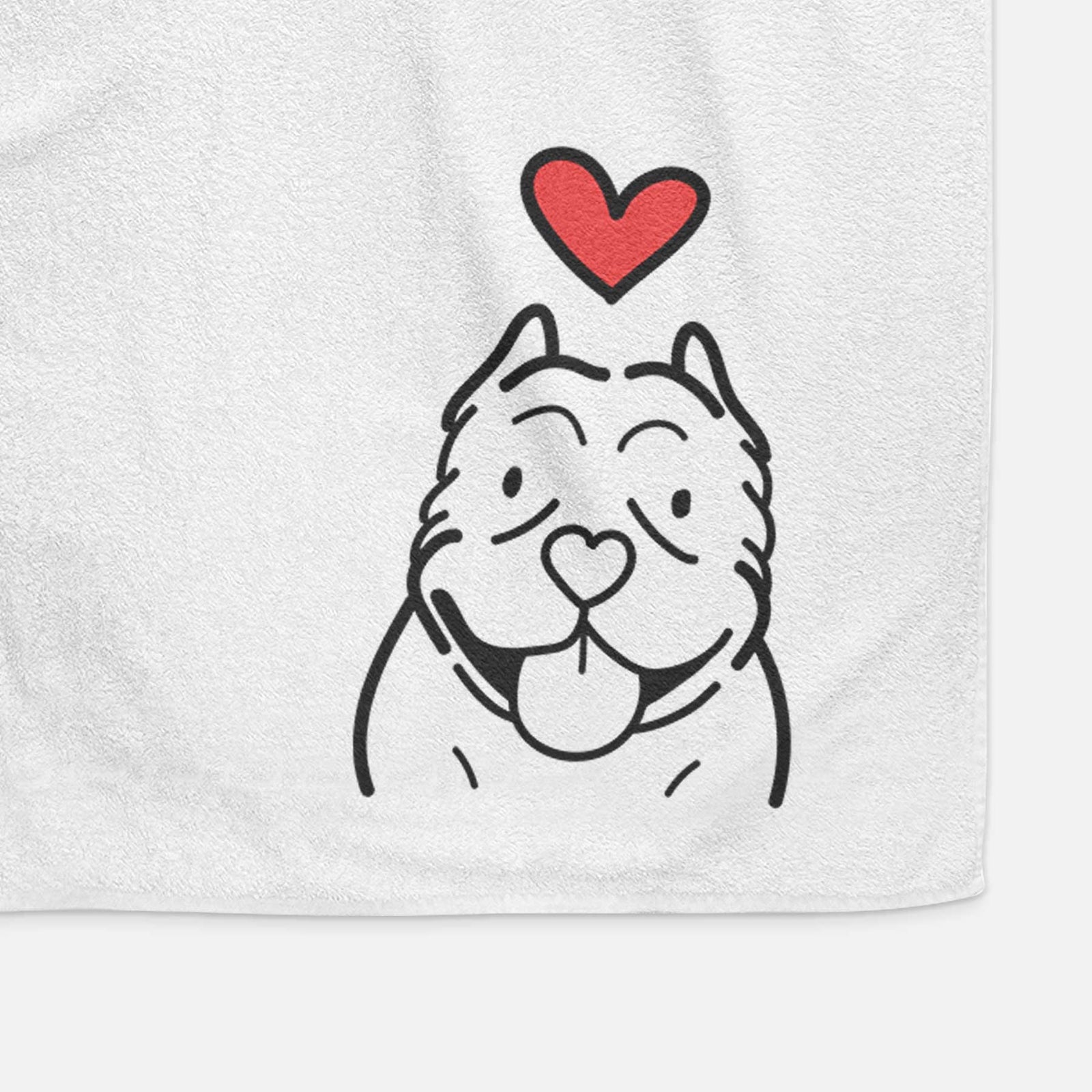 Minimalist line drawing of an American Bully with a red heart on a decorative hand towel