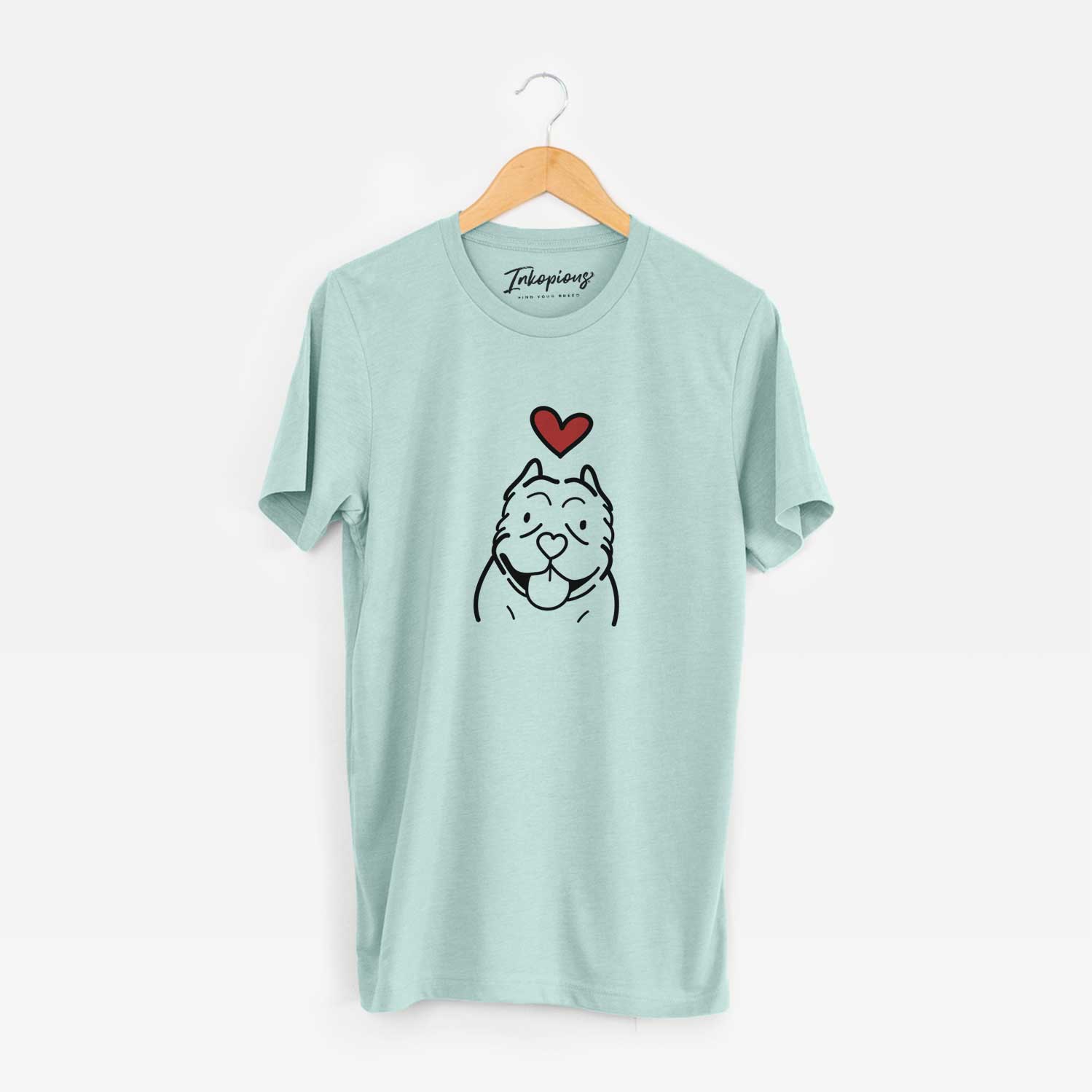 Minimalist line drawing of an American Bully with a red heart on a Heather Sage Unisex crewneck