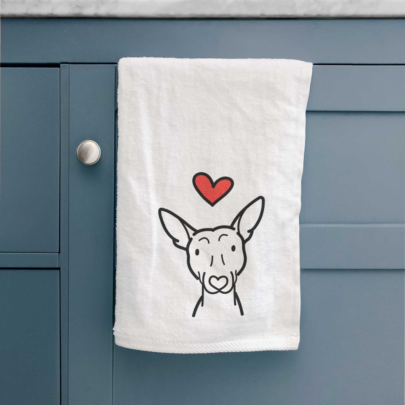 Minimalist line drawing of an American Hairless Terrier with a red heart on a decorative hand towel