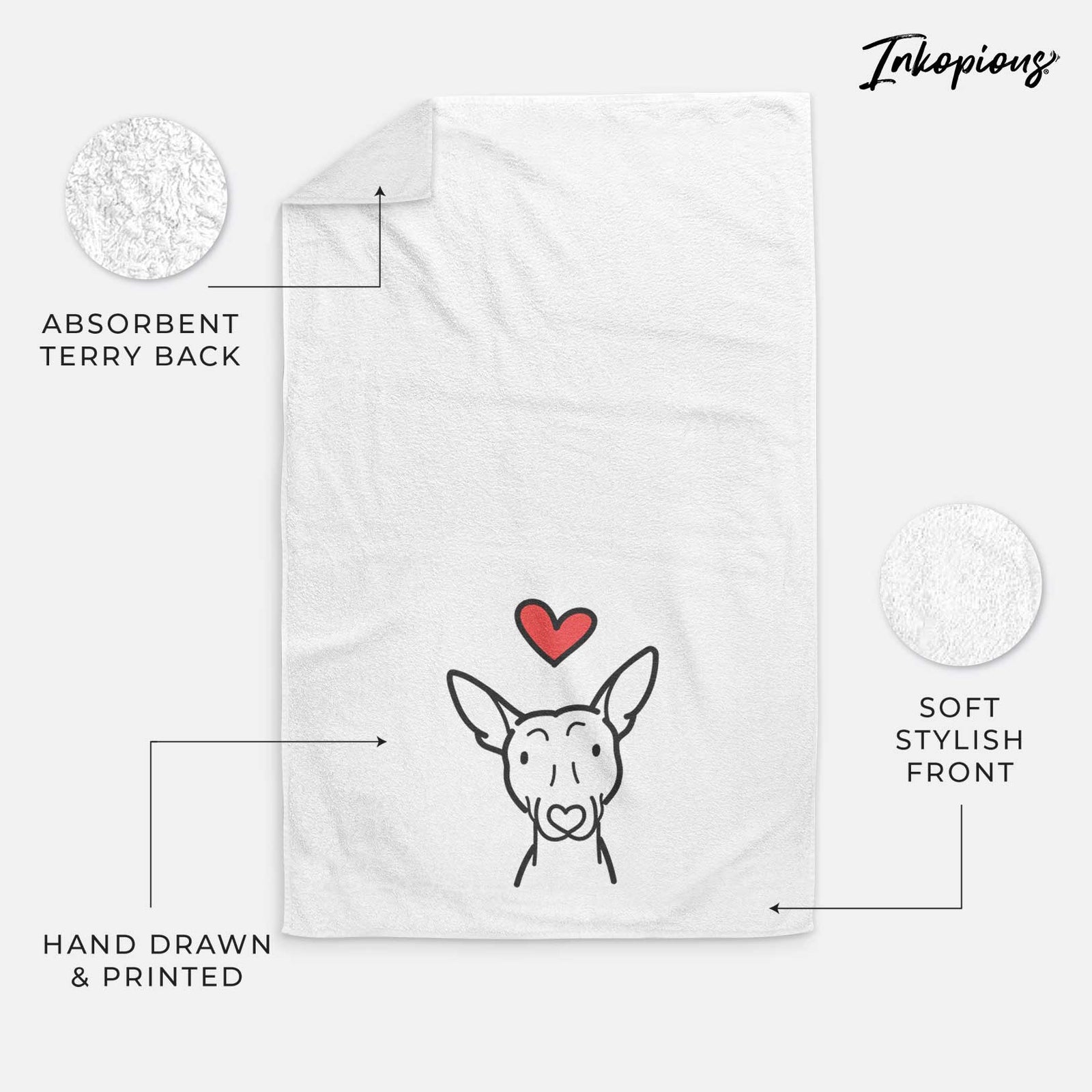 Minimalist line drawing of an American Hairless Terrier with a red heart on a decorative hand towel