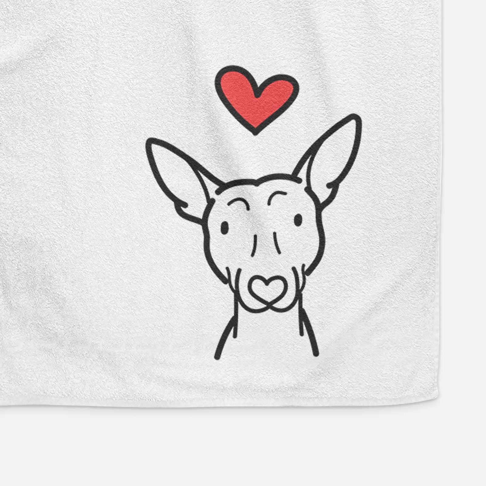 Minimalist line drawing of an American Hairless Terrier with a red heart on a decorative hand towel
