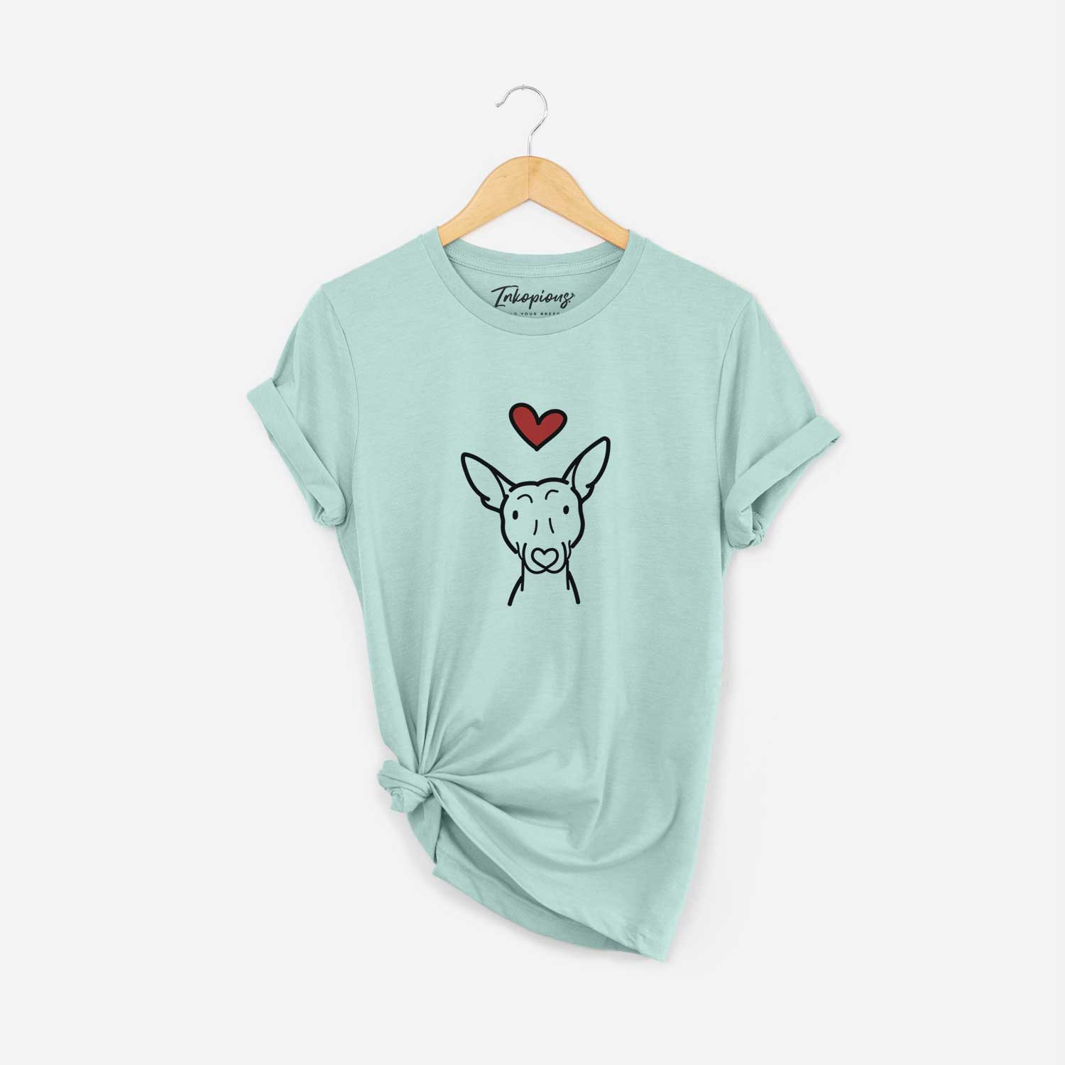 Minimalist line drawing of an American Hairless Terrier with a red heart on a Heather Sage Unisex crewneck