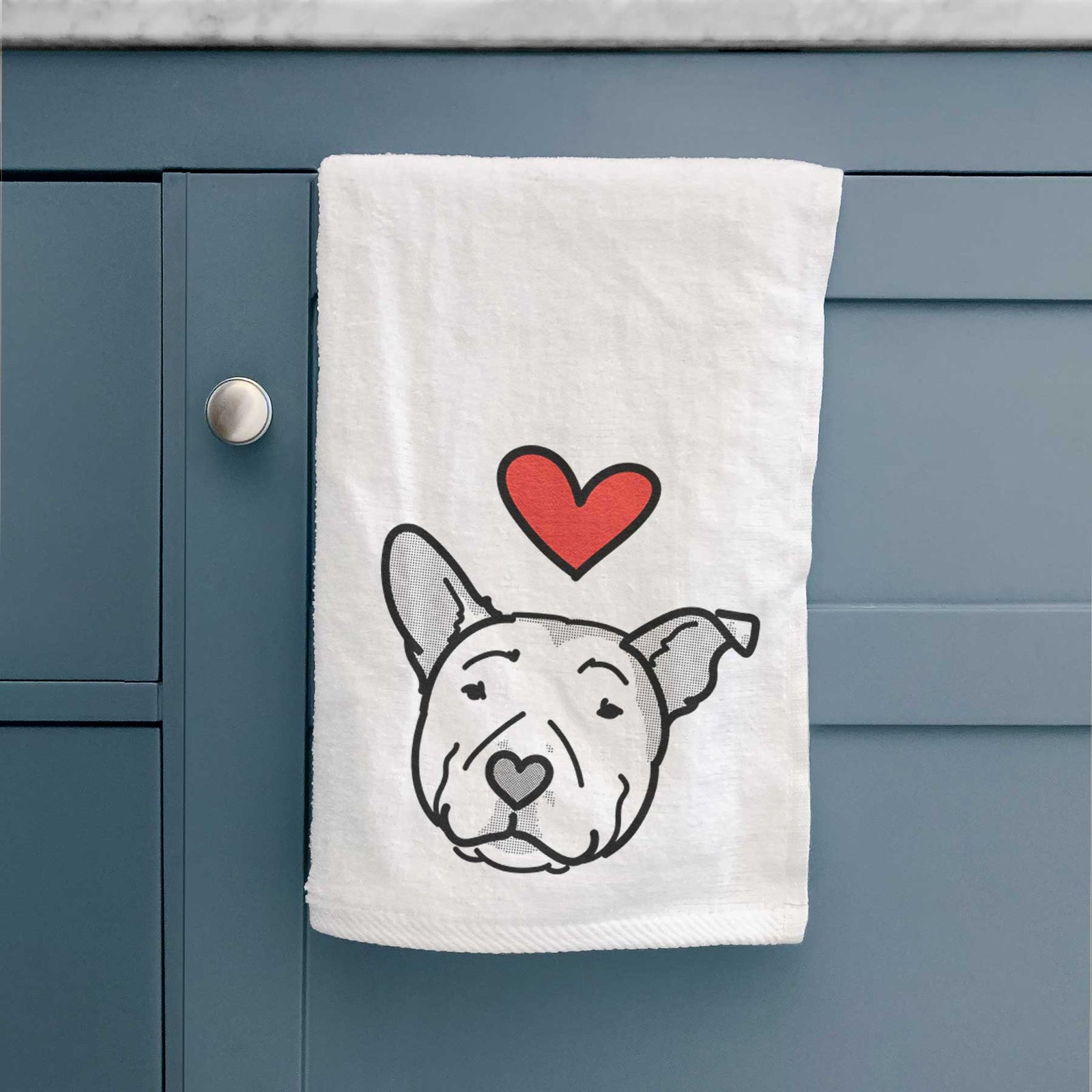 Minimalist line drawing of Archer the Pitbull with a red heart on a decorative hand towel