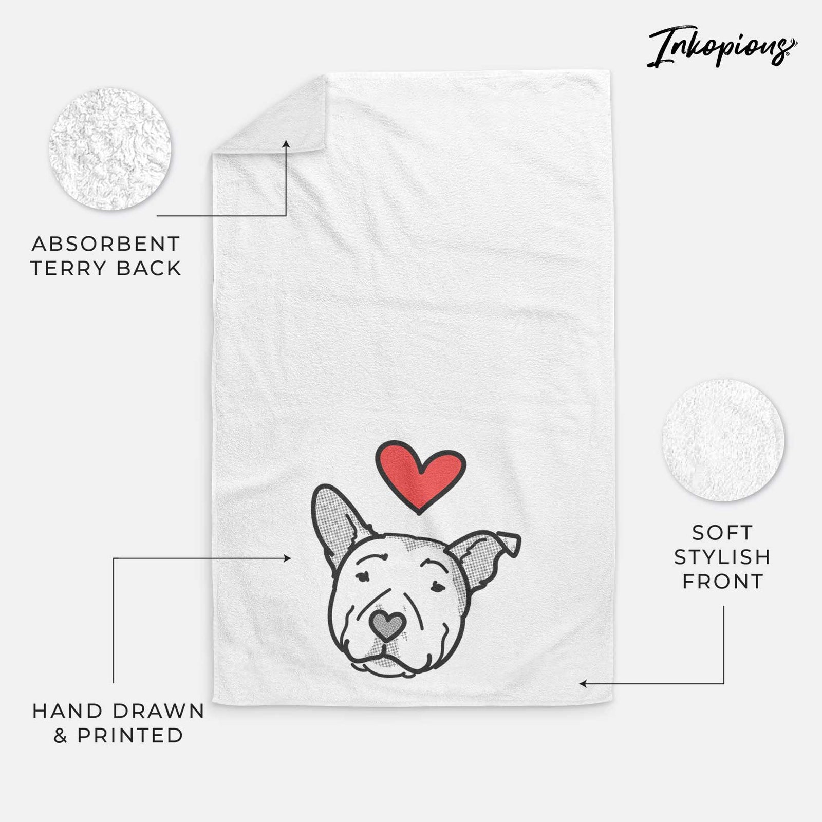Minimalist line drawing of Archer the Pitbull with a red heart on a decorative hand towel