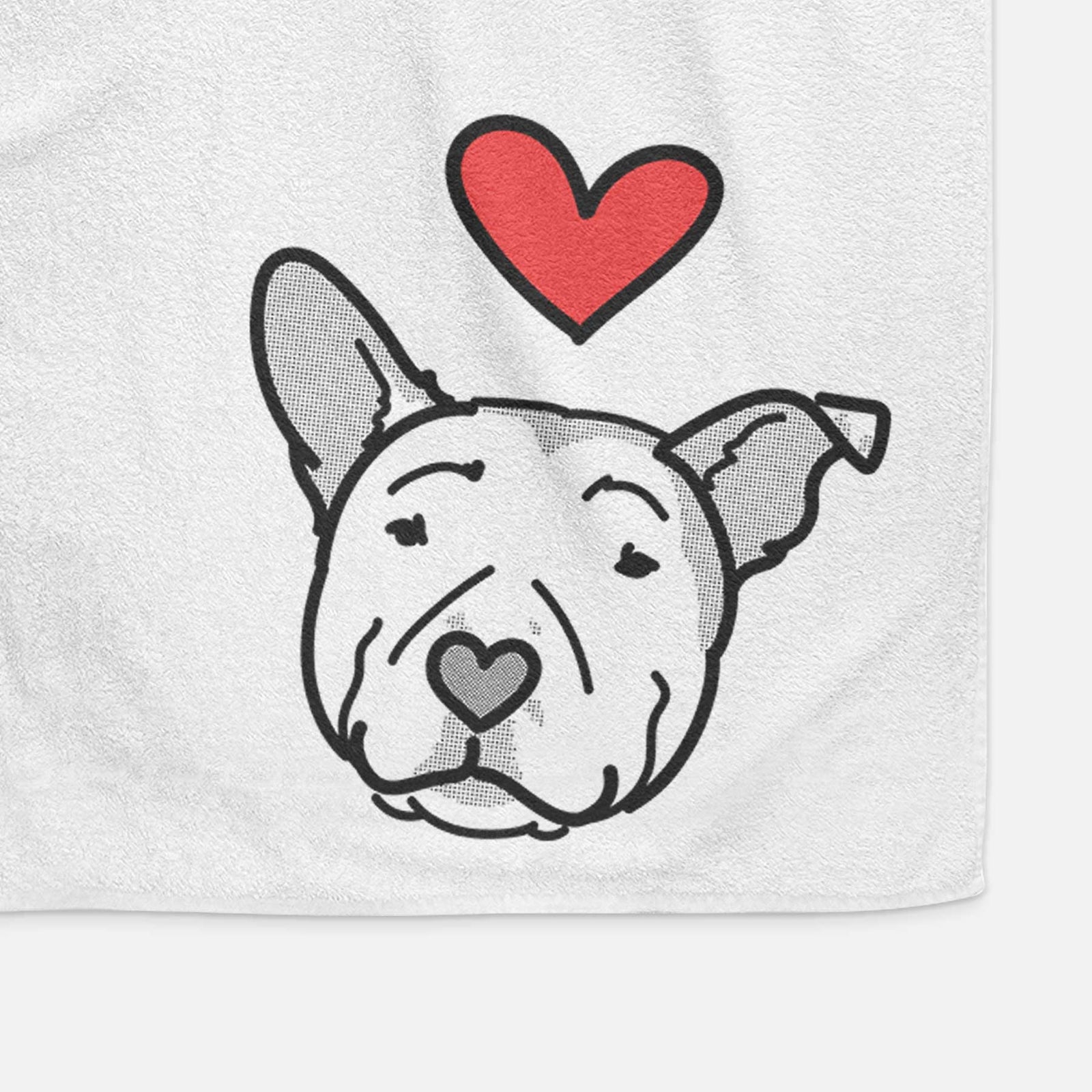 Minimalist line drawing of Archer the Pitbull with a red heart on a decorative hand towel