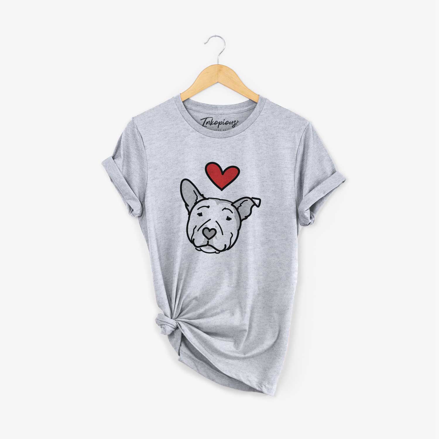Minimalist line drawing of Archer the Pitbull with a red heart on a Grey Unisex crewneck