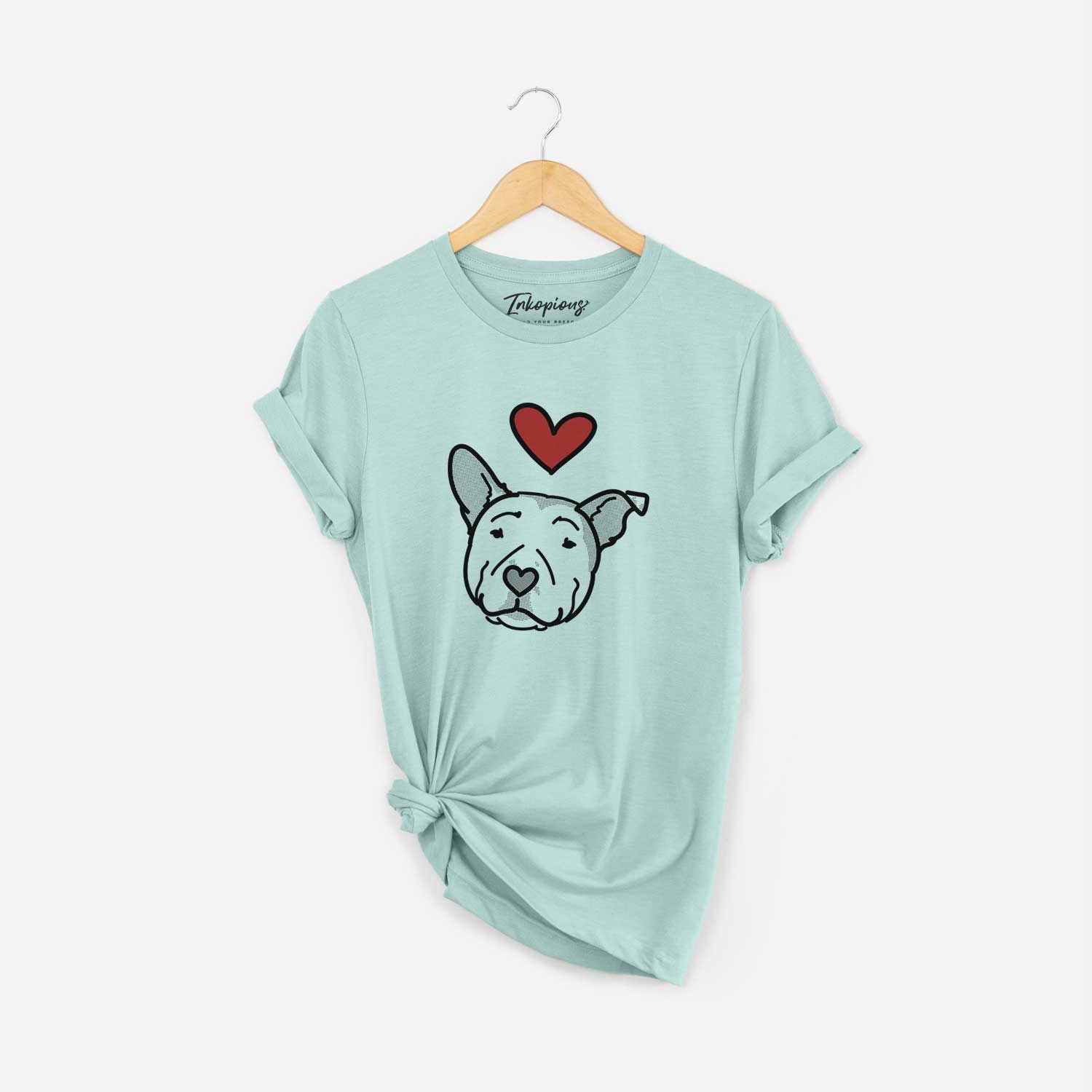 Minimalist line drawing of Archer the Pitbull with a red heart on a Heather Sage Unisex crewneck