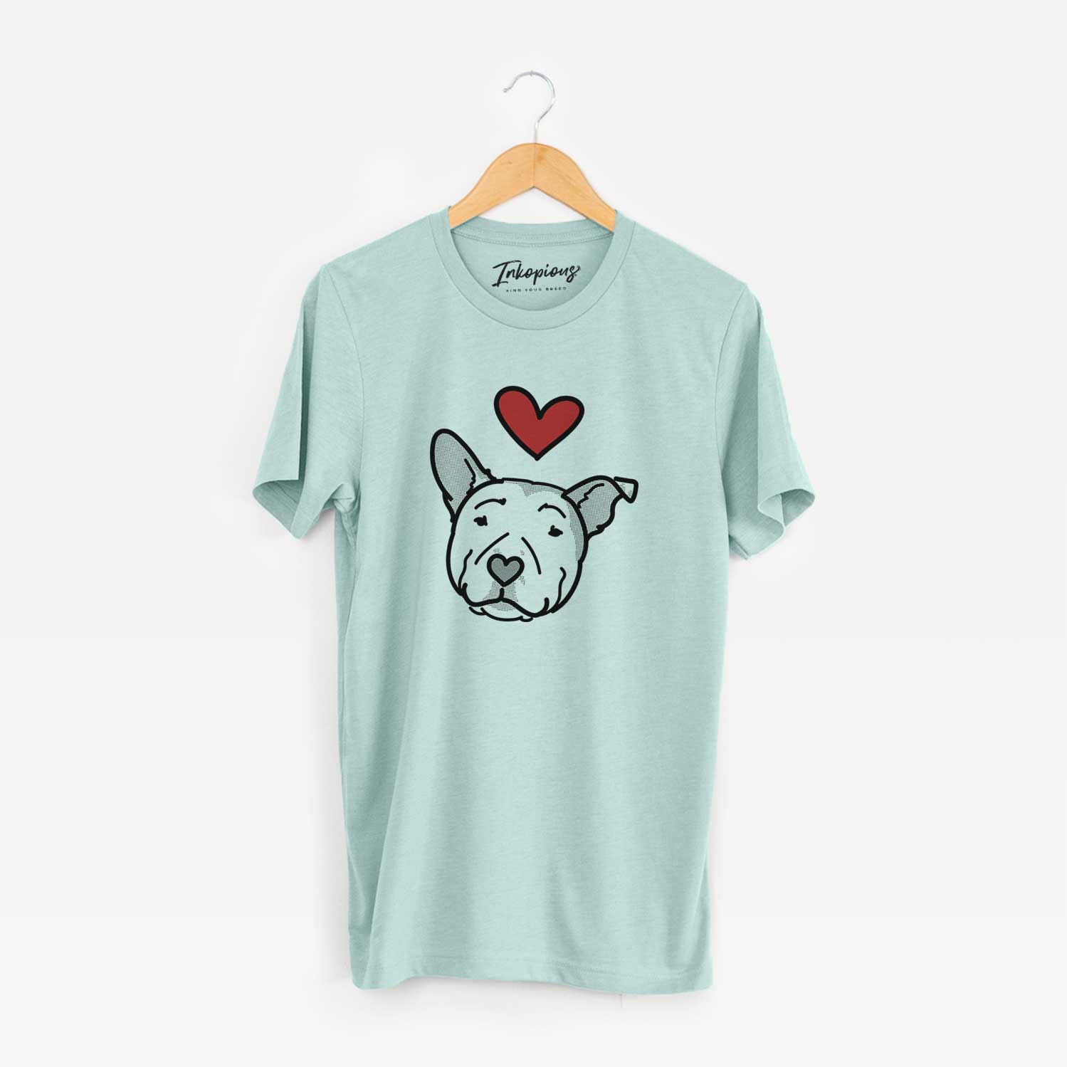 Minimalist line drawing of Archer the Pitbull with a red heart on a Heather Sage Unisex crewneck