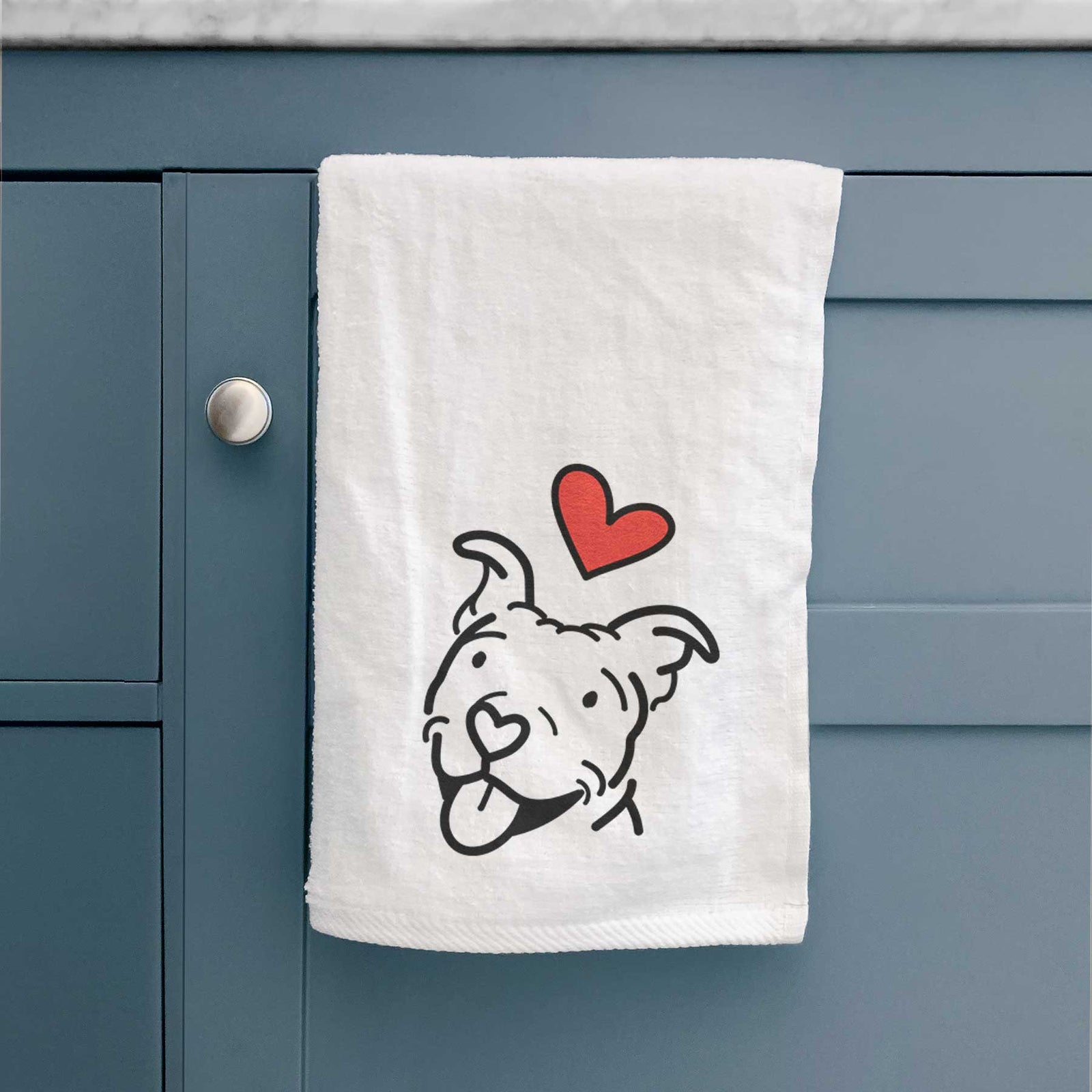 Minimalist line drawing of Arlo the Pitbull with a red heart on a decorative hand towel