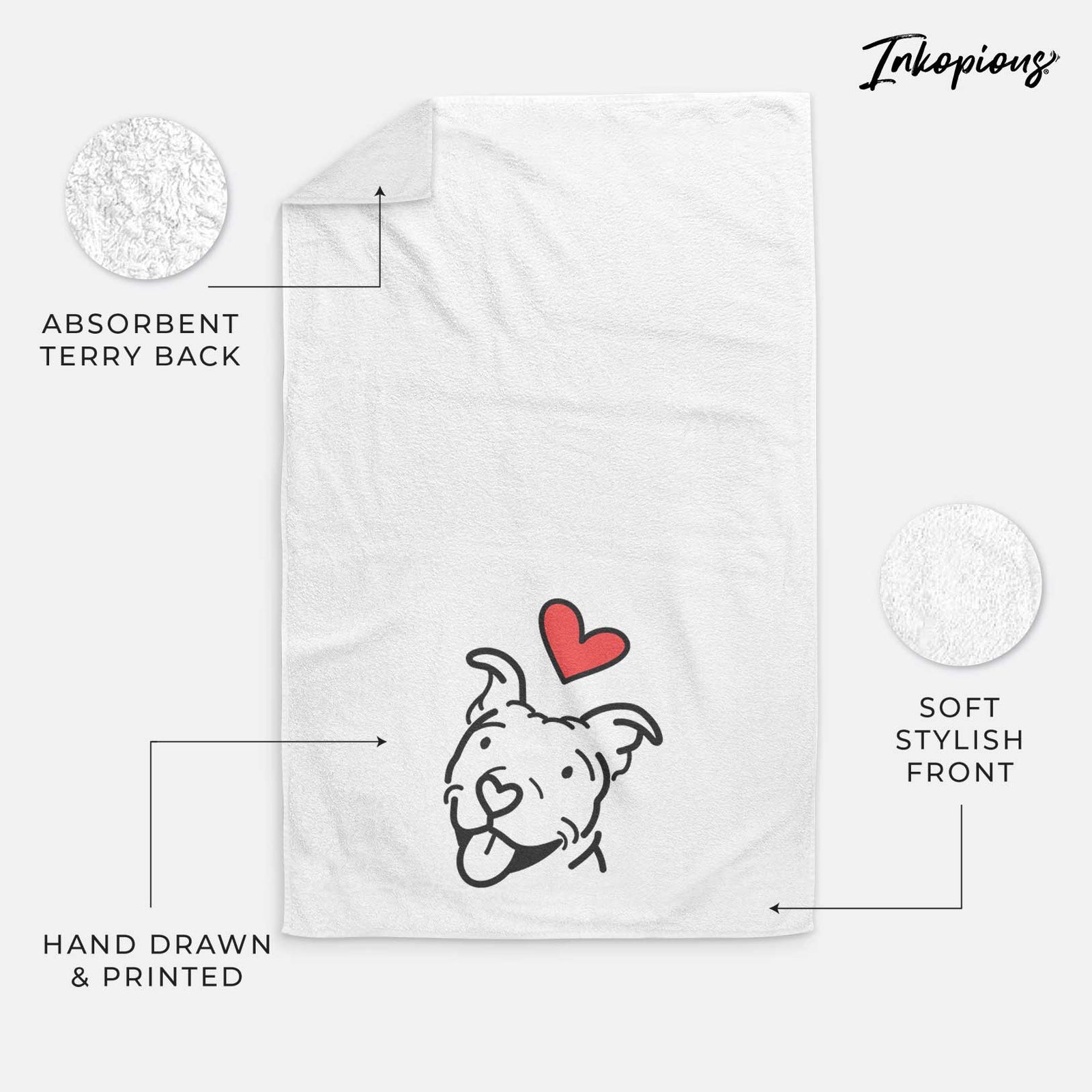 Minimalist line drawing of Arlo the Pitbull with a red heart on a decorative hand towel