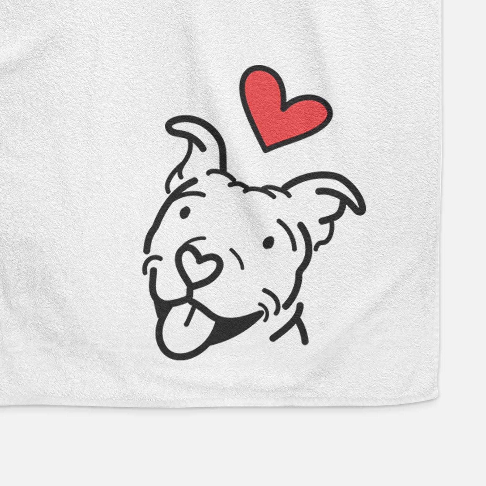 Minimalist line drawing of Arlo the Pitbull with a red heart on a decorative hand towel