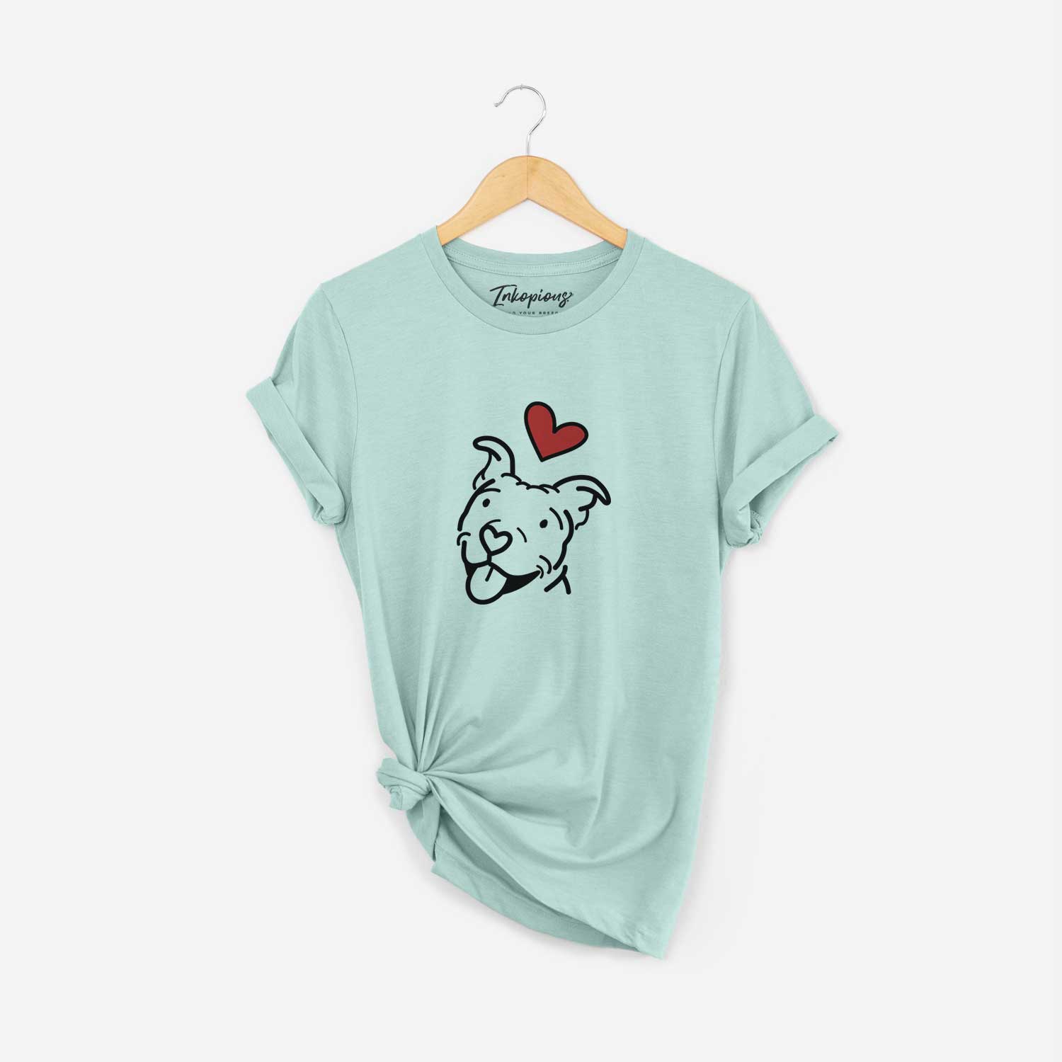 Minimalist line drawing of Arlo the Pitbull with a red heart on a Heather Sage Unisex crewneck