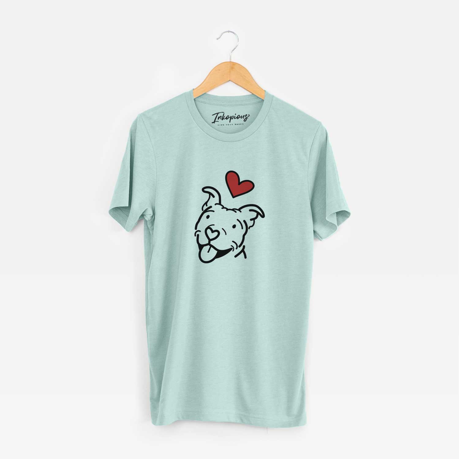 Minimalist line drawing of Arlo the Pitbull with a red heart on a Heather Sage Unisex crewneck