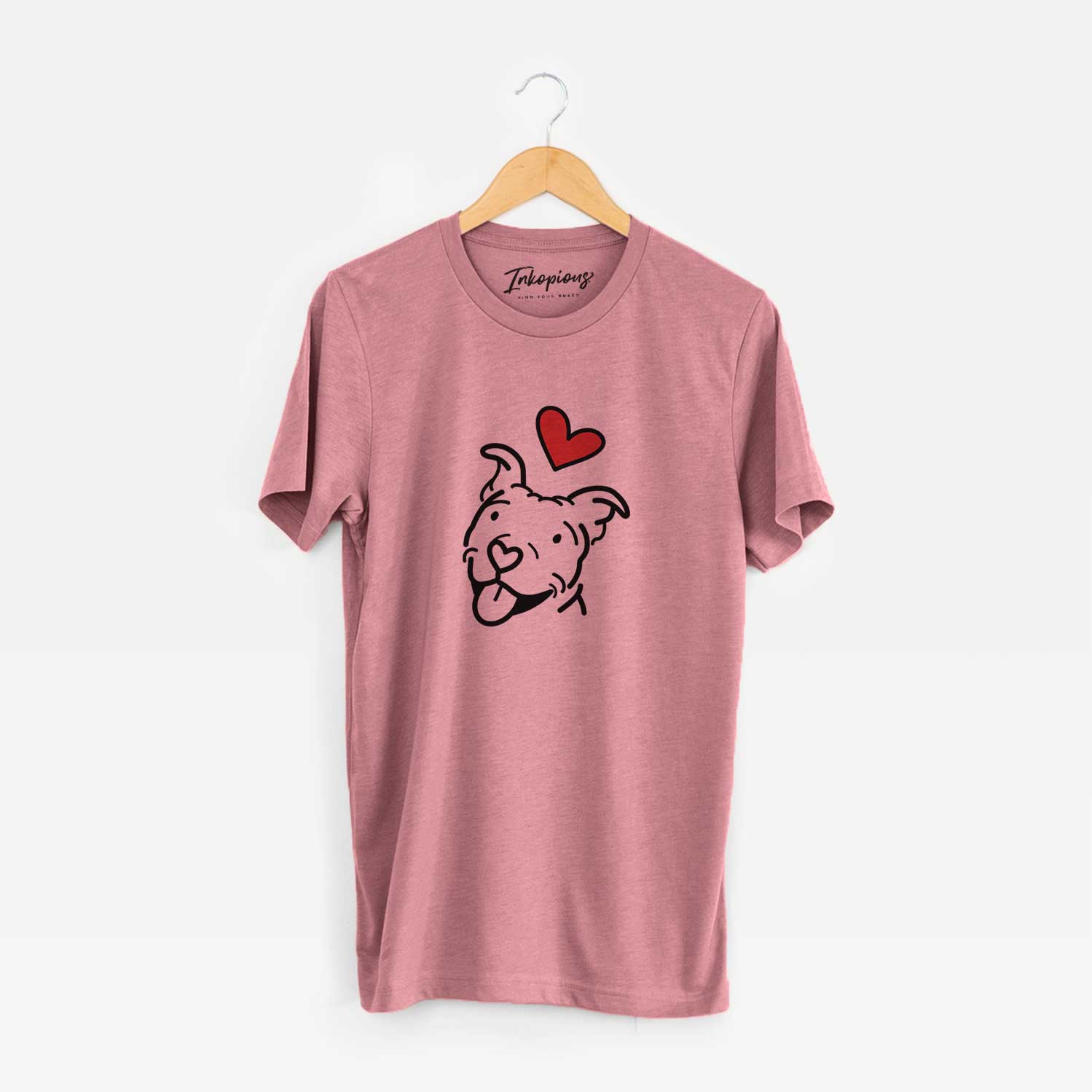 Minimalist line drawing of Arlo the Pitbull with a red heart on a Mauve Unisex crewneck