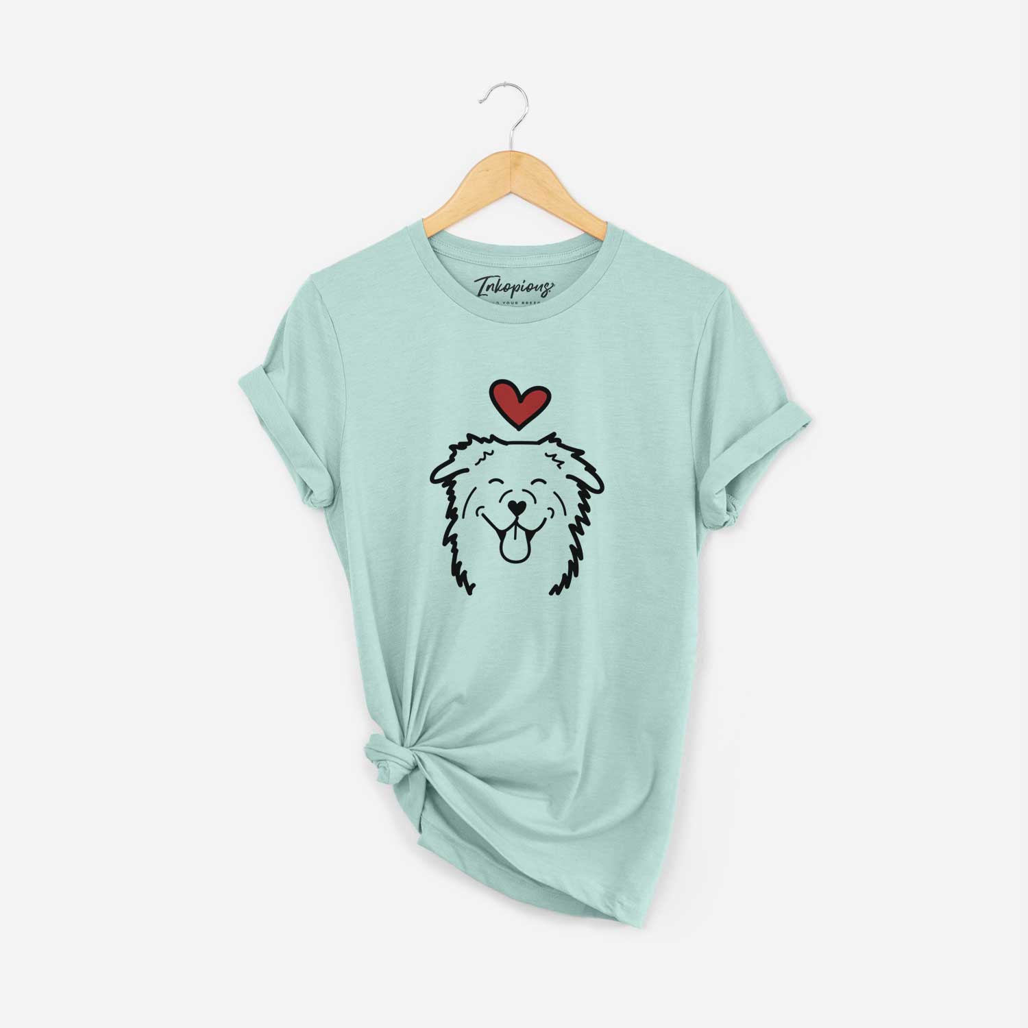 Minimalist line drawing of an Australian Shepherd with a red heart on a Heather Sage Unisex crewneck