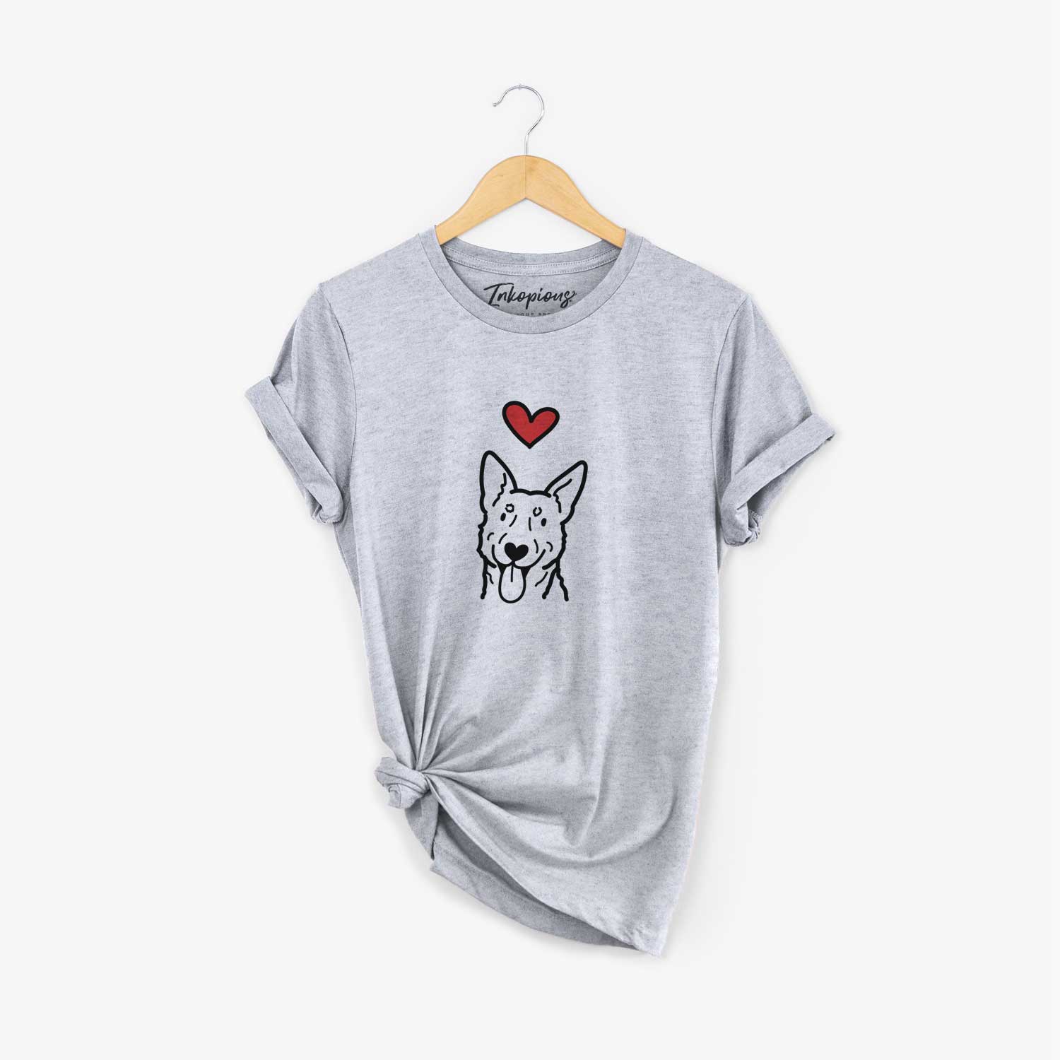 Minimalist line drawing of an Australian Cattle Dog with a red heart on a Grey Unisex crewneck