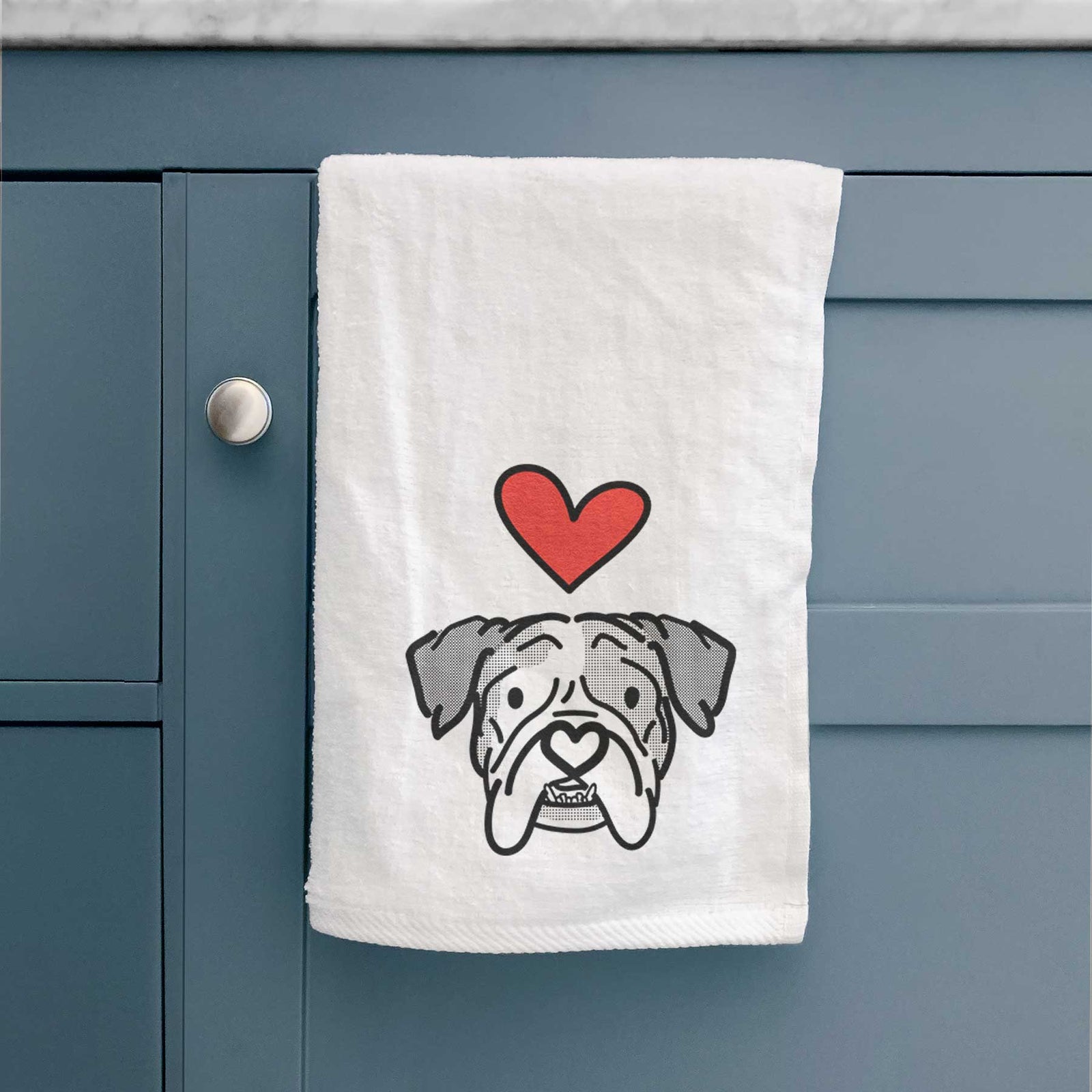 Minimalist line drawing of Bailey the English Bulldog with a red heart on a decorative hand towel