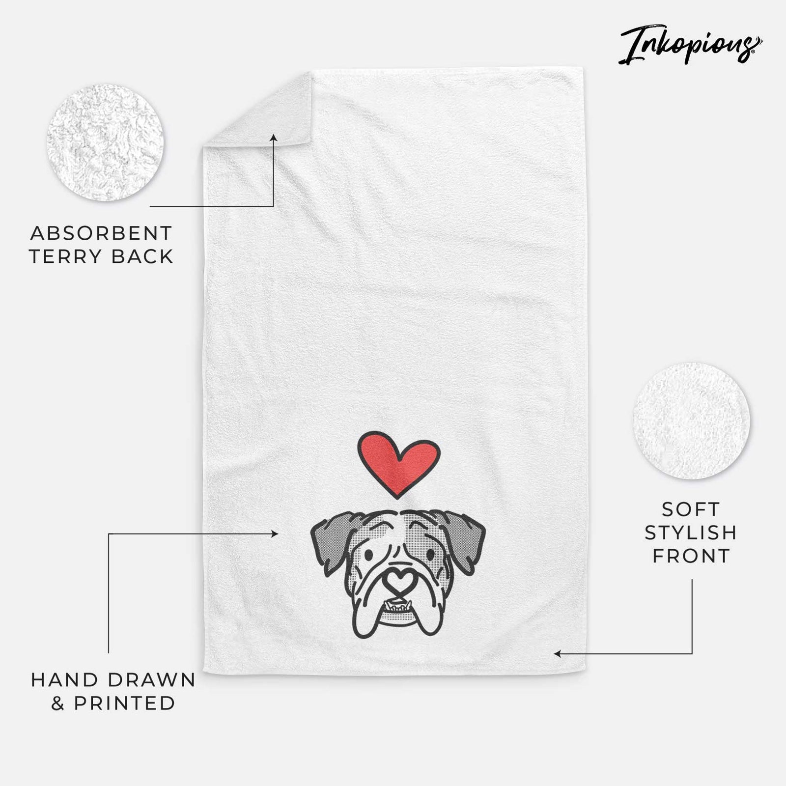 Minimalist line drawing of Bailey the English Bulldog with a red heart on a decorative hand towel