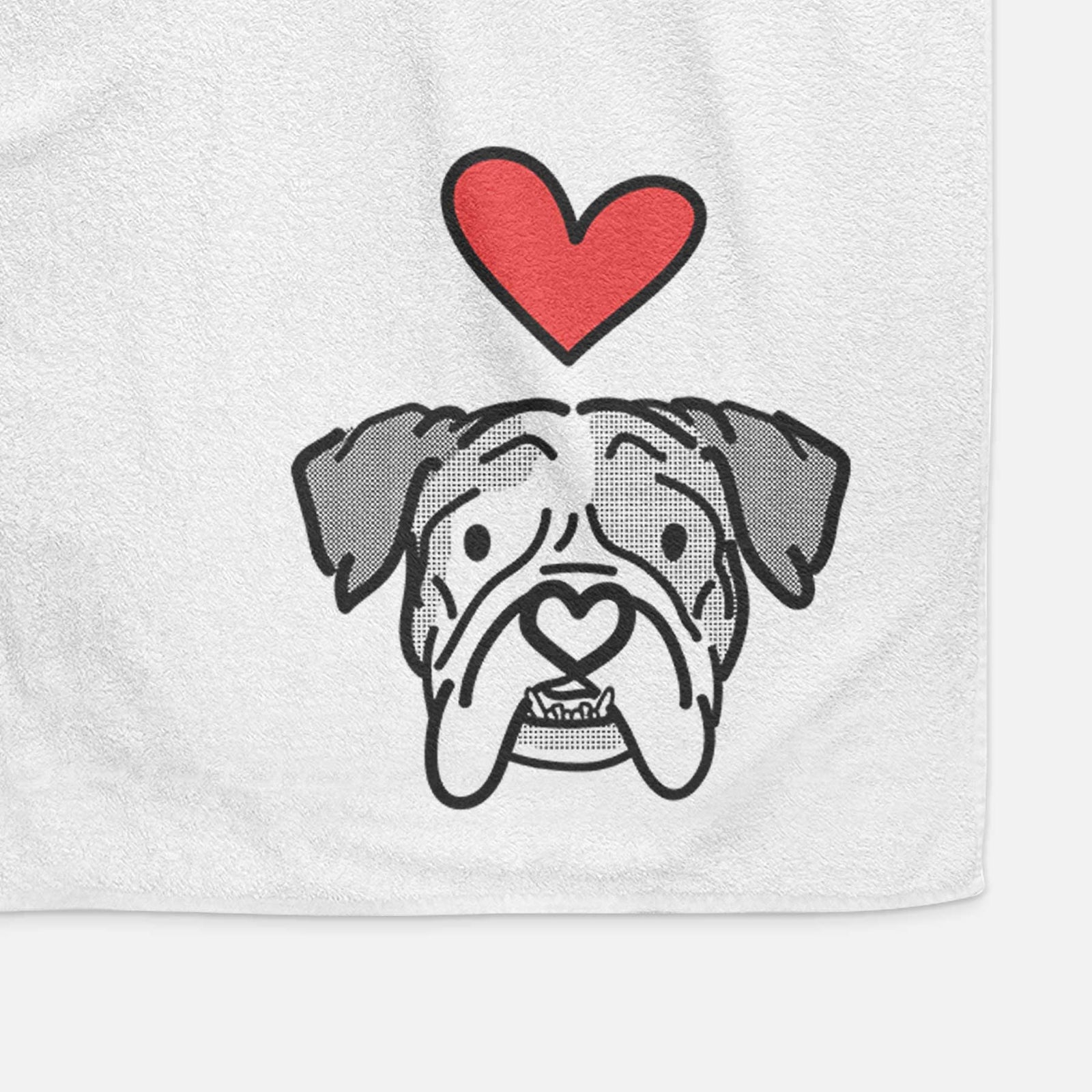Minimalist line drawing of Bailey the English Bulldog with a red heart on a decorative hand towel
