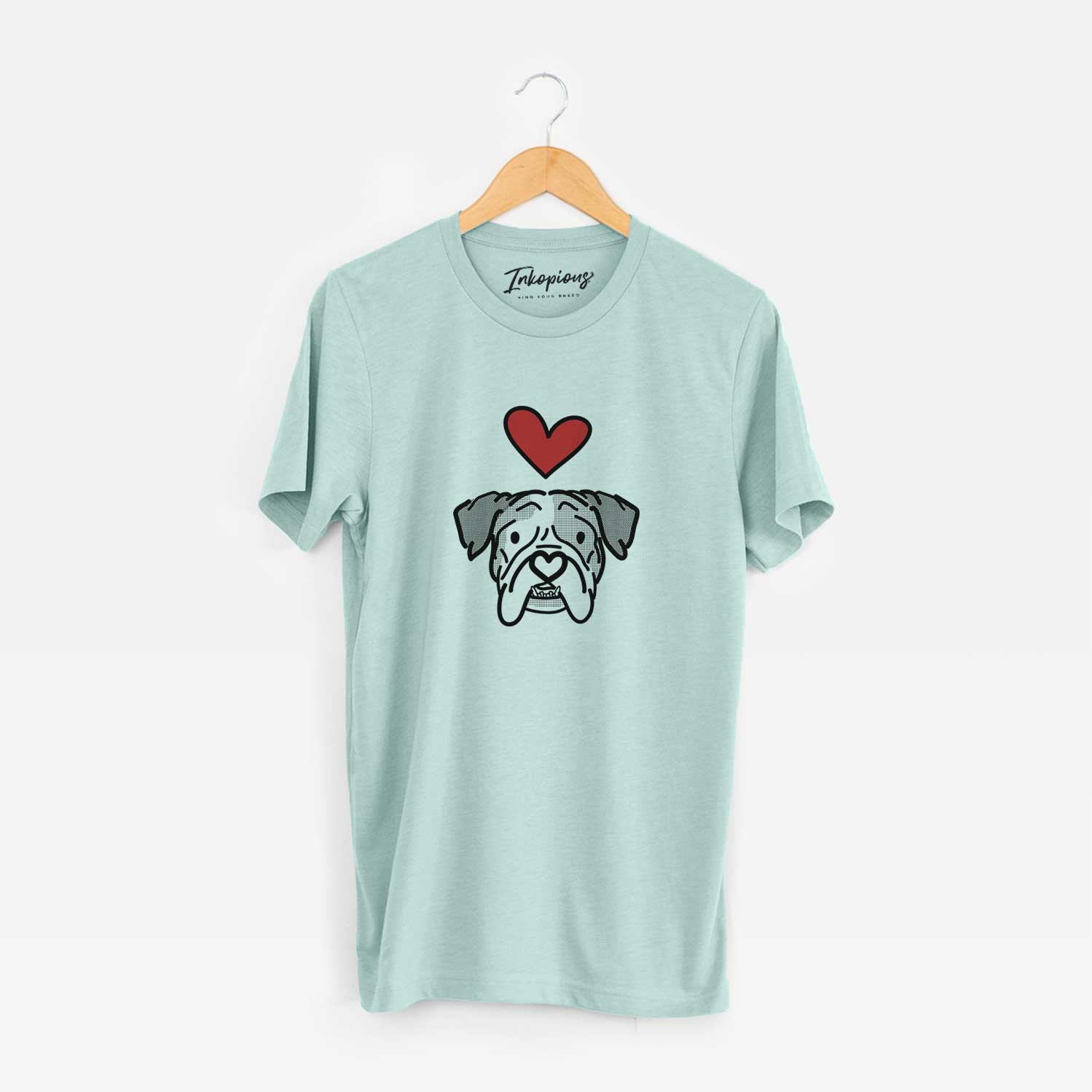 Minimalist line drawing of Bailey the English Bulldog with a red heart on a Heather Sage Unisex crewneck