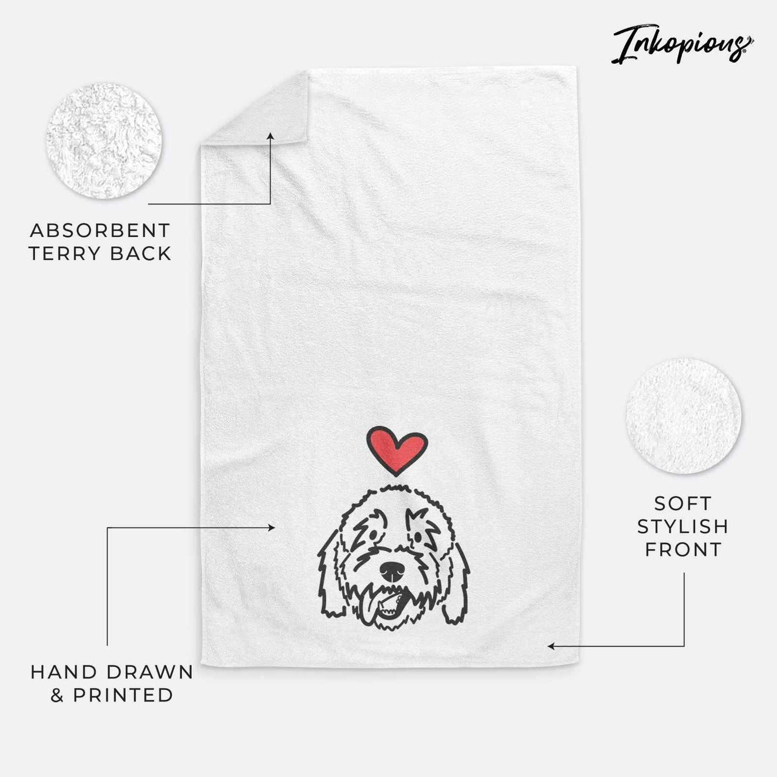 Minimalist line drawing of Barry the Goldendoodle with a red heart on a decorative hand towel
